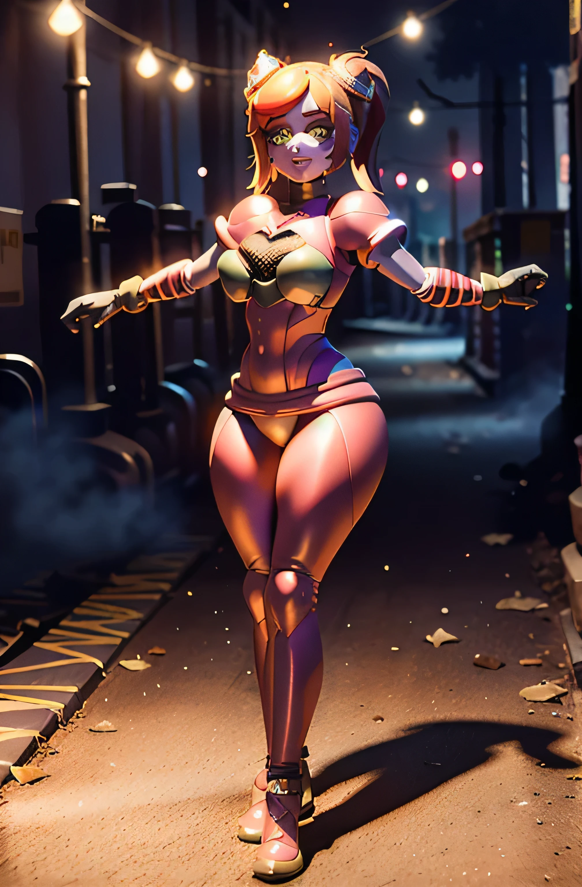 8K, High resolution, la mejor calidad, a girl,caramel, Evening, street, Store light , muslos grandes, She wears tight leggings, big dinners, Her thighs are bigger, full body , her leggings are tighter and more detailed, She stretches her legs, She shows off her big butt, She touches her legs , She wears a very tight suit , They touch her body,