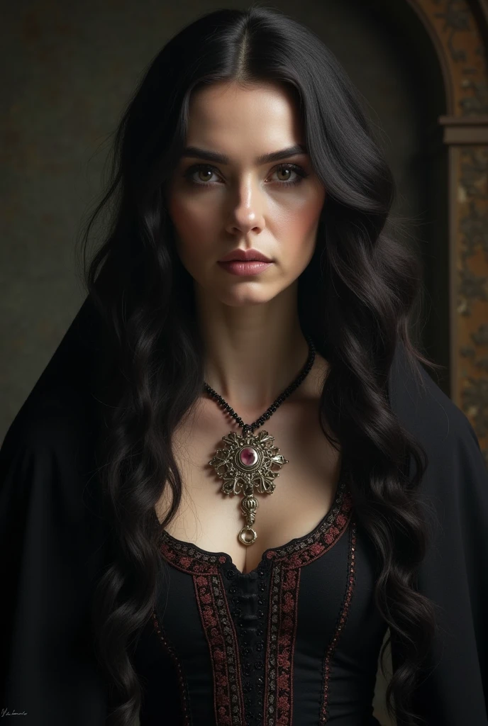 An Armenian vampire woman with light brown skin and dark, curly hair, her lips glistening with blood as it drips onto her traditional Armenian dress. The setting is the ancient monastery of Geghard, with its stone walls and mountain backdrop bathed in the faint light of the moon. She stands near the entrance, her eyes cold and calculating after a fresh hunt.