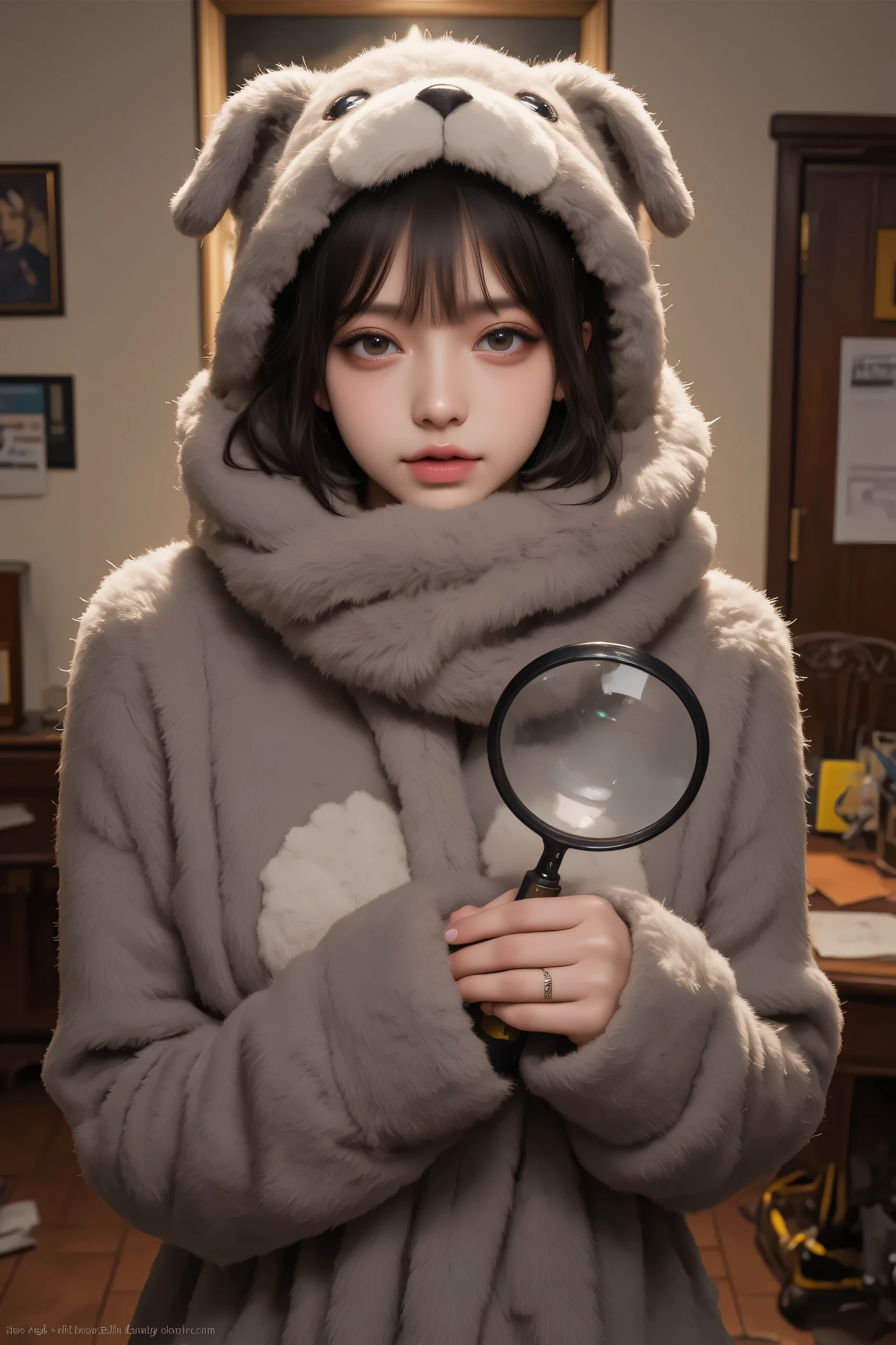 ((Coal mine makeup-free, eyes closed, mouth closed:1.2)), (Realistic, Photorealistic, very detailed, realistic skin type, with the thinnest skin, top quality,  masterpiece, ultra-fine), very short hair, high school girl with visible armpits, young girl, one girl, bangs, double eyelids, droopy eyes, in a dog detective costume, magnifying glass in hand, purity, double teeth, realistic skin type, thick gray scarf, fluffy hair that pulls the body together, ((inside the scarf, hair is:1.3)), red cheeks, standing in a classic detective's office with scattered clues, knight, lighting, with light shining , ((Cowboy shot)).