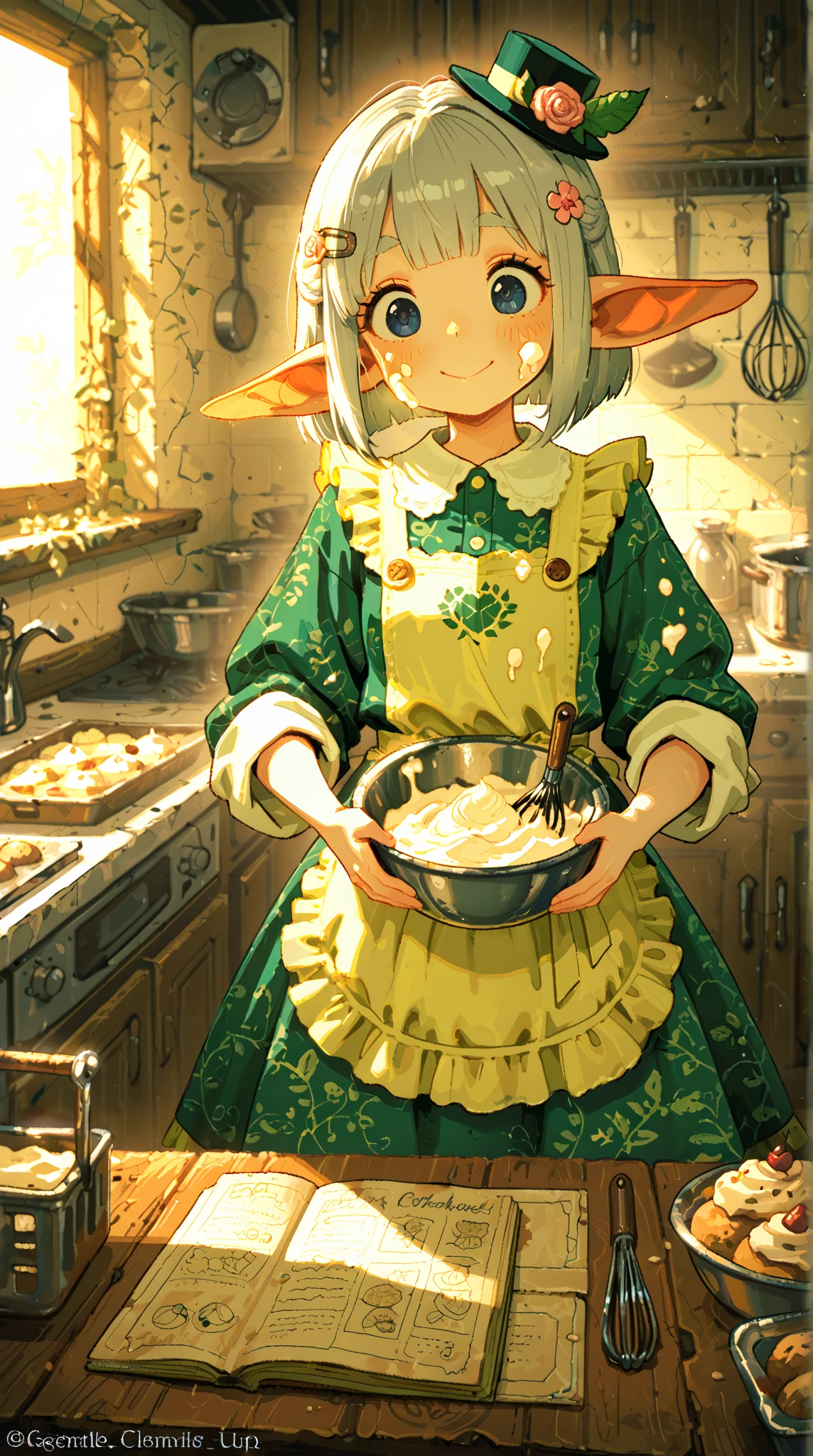 score_9, score_8_up, score_7_up, UHD, Masterpiece, amazing quality, very aesthetic, absurdres, ultra-detailed, 1girl\solo\(elf, pointed ear:1.3, silver bob cut,  mini hat\pink rose\lace, Intricate:1.3\Green leaf dress\frill, lace), (magic\wind & light magic:1.3, smile), BREAK, BREAK, (Cute animal hamster\animal, Djungarian, round eyes, fluffy fur), BREAK, BREAK, BREAK, panorama:1.2, cinematic:1.3, baking sweets

detailed features:
(delicate facial features:1.3), (gentle smile:1.2), fair skin, round eyes, (slight flour on cheeks:1.1), kitchen background

clothing details:
pastel colored apron, frilly dress underneath, hair clips, (rolled up sleeves:1.2)

baking elements:
mixing bowl, whisk, (cookie dough:1.2), decorated cupcakes, pastry tools, kitchen counter, (sprinkled flour:1.1), cookbook

lighting and atmosphere:
soft lighting, warm kitchen atmosphere, afternoon sunlight through window, cozy interior

Negative prompt:
bad , bad proportions, extra limbs, lowres, blurry, text, watermark, oversized ears, adult features, messy background, dark atmosphere
