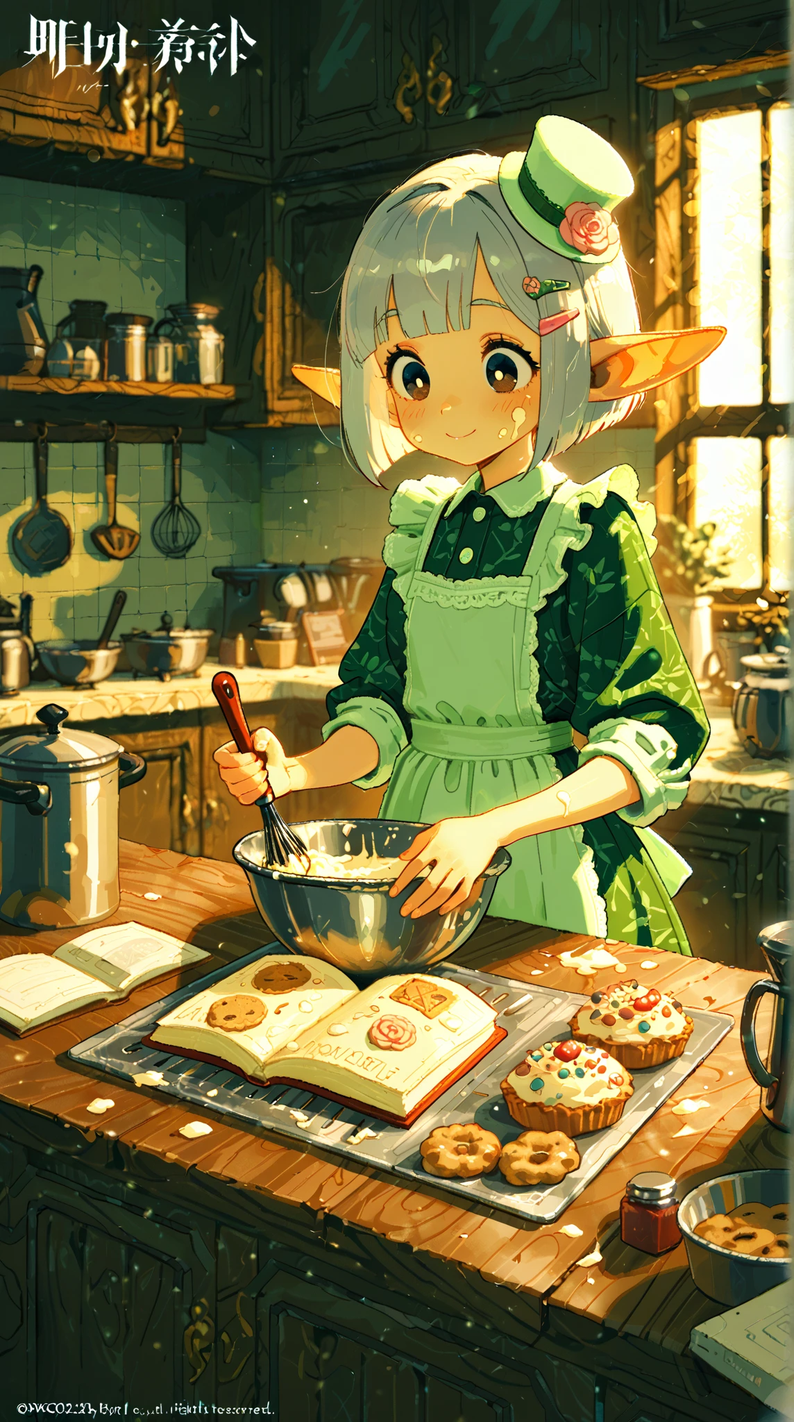 score_9, score_8_up, score_7_up, UHD, Masterpiece, amazing quality, very aesthetic, absurdres, ultra-detailed, 1girl\solo\(elf, pointed ear:1.3, silver bob cut,  mini hat\pink rose\lace, Intricate:1.3\Green leaf dress\frill, lace), (magic\wind & light magic:1.3, smile), BREAK, BREAK, (Cute animal hamster\animal, Djungarian, round eyes, fluffy fur), BREAK, BREAK, BREAK, panorama:1.2, cinematic:1.3, baking sweets

detailed features:
(delicate facial features:1.3), (gentle smile:1.2), fair skin, round eyes, (slight flour on cheeks:1.1), kitchen background

clothing details:
pastel colored apron, frilly dress underneath, hair clips, (rolled up sleeves:1.2)

baking elements:
mixing bowl, whisk, (cookie dough:1.2), decorated cupcakes, pastry tools, kitchen counter, (sprinkled flour:1.1), cookbook

lighting and atmosphere:
soft lighting, warm kitchen atmosphere, afternoon sunlight through window, cozy interior

Negative prompt:
bad , bad proportions, extra limbs, lowres, blurry, text, watermark, oversized ears, adult features, messy background, dark atmosphere
