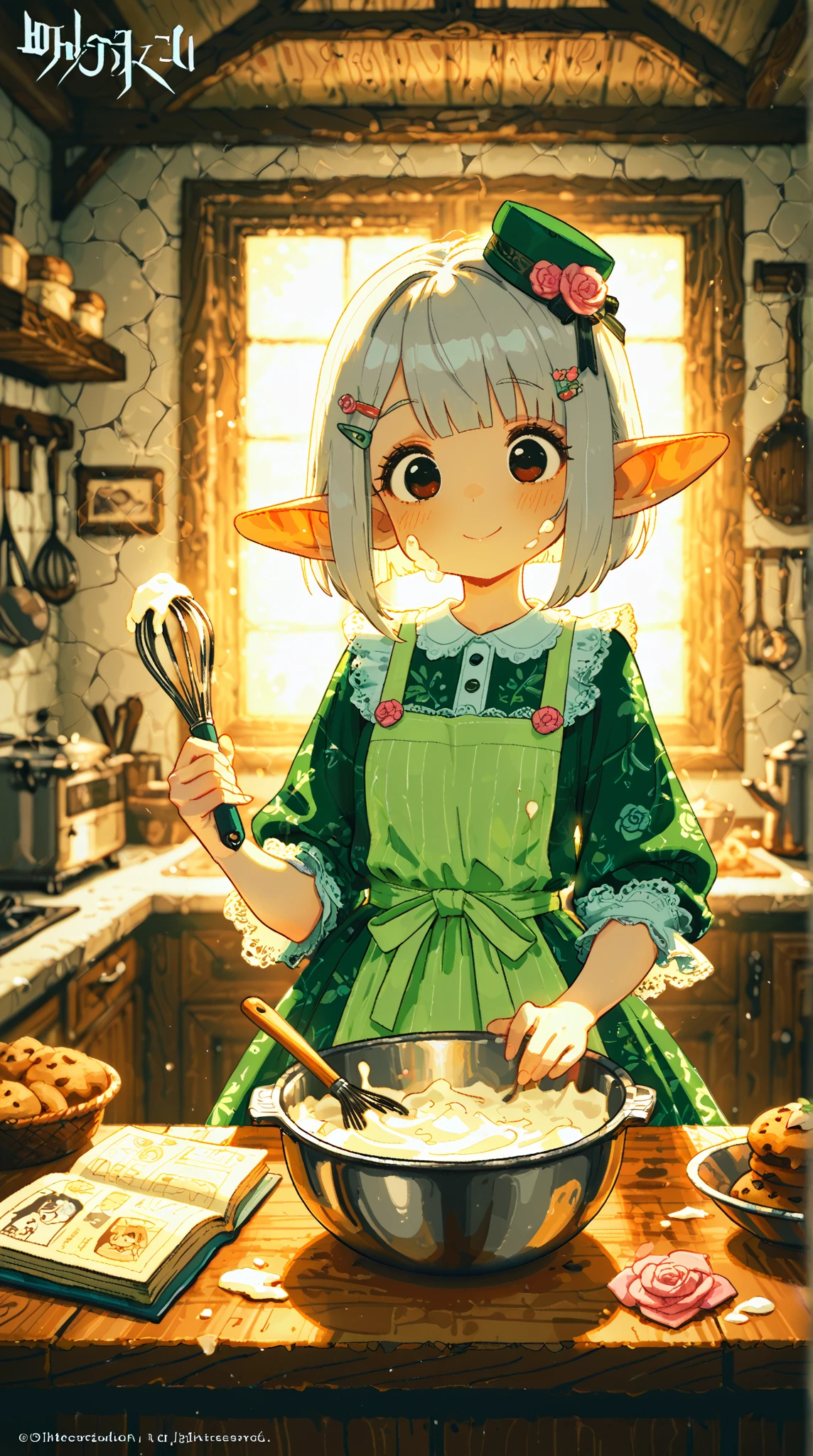 score_9, score_8_up, score_7_up, UHD, Masterpiece, amazing quality, very aesthetic, absurdres, ultra-detailed, 1girl\solo\(elf, pointed ear:1.3, silver bob cut,  mini hat\pink rose\lace, Intricate:1.3\Green leaf dress\frill, lace), (magic\wind & light magic:1.3, smile), BREAK, BREAK, (Cute animal hamster\animal, Djungarian, round eyes, fluffy fur), BREAK, BREAK, BREAK, panorama:1.2, cinematic:1.3, baking sweets

detailed features:
(delicate facial features:1.3), (gentle smile:1.2), fair skin, round eyes, (slight flour on cheeks:1.1), kitchen background

clothing details:
pastel colored apron, frilly dress underneath, hair clips, (rolled up sleeves:1.2)

baking elements:
mixing bowl, whisk, (cookie dough:1.2), decorated cupcakes, pastry tools, kitchen counter, (sprinkled flour:1.1), cookbook

lighting and atmosphere:
soft lighting, warm kitchen atmosphere, afternoon sunlight through window, cozy interior

Negative prompt:
bad , bad proportions, extra limbs, lowres, blurry, text, watermark, oversized ears, adult features, messy background, dark atmosphere
