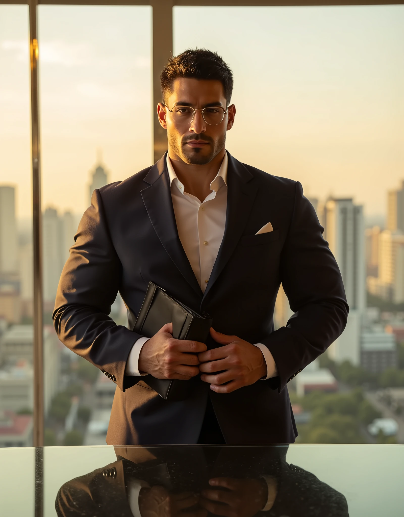 Masterpiece, Accurate, Award Winning, Best Quality, Extremely Detailed, 8K, HD, Super-Resolution, Cinematic Lighting, F/11 Depth Of Field, Photorealistic, Full Coloured, Shot on 70mm, 5D. A ((handsome, muscular Balinese man)) stands at the head of a ((modern conference table)), his ((broad shoulders squared)), exuding confidence and authority. His ((sharp jawline and high cheekbones)) are accentuated by the sunlight streaming through the tall glass windows behind him, casting a ((warm golden glow across his bronzed skin)). His ((short, stylish black hair)) is neatly groomed, with a slight tousle that enhances his ((refined yet effortless charisma)).
He wears a ((perfectly tailored dark navy business suit)), the fabric hugging his ((heroically sculpted physique)), emphasizing his ((powerful chest and thick arms)). A ((crisp white dress shirt)), unbuttoned slightly at the collar, peeks through beneath his ((sleek, fitted blazer)). A ((silver-framed pair of glasses)) sits elegantly on his strong nose, reflecting the light as he glances toward his audience with an ((intense, focused gaze)). His ((veined, masculine hands)) grip a ((sleek leather folder)), fingers resting effortlessly against the document as if mid-presentation.
The ((conference room is modern and bathed in sunlight)), with ((floor-to-ceiling windows)) offering a panoramic city view. The golden light enhances the smooth sheen on his skin, giving his ((strong, muscular build)) a luminous quality. The ((glass conference table reflects his striking image)), the polished surface adding depth and dimension to the setting. The scene captures his ((commanding presence, his poise exuding both power and sophistication)), his expression a perfect balance of ((focus, intelligence, and quiet allure)).