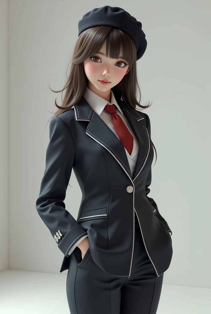 8620 (Maitetsu),8620 (uniforme),master part, best quality, ultra-detalhado, illustration,vestido preto,kalap,Looking back,:d,fundo branco,((Destaques oculares))