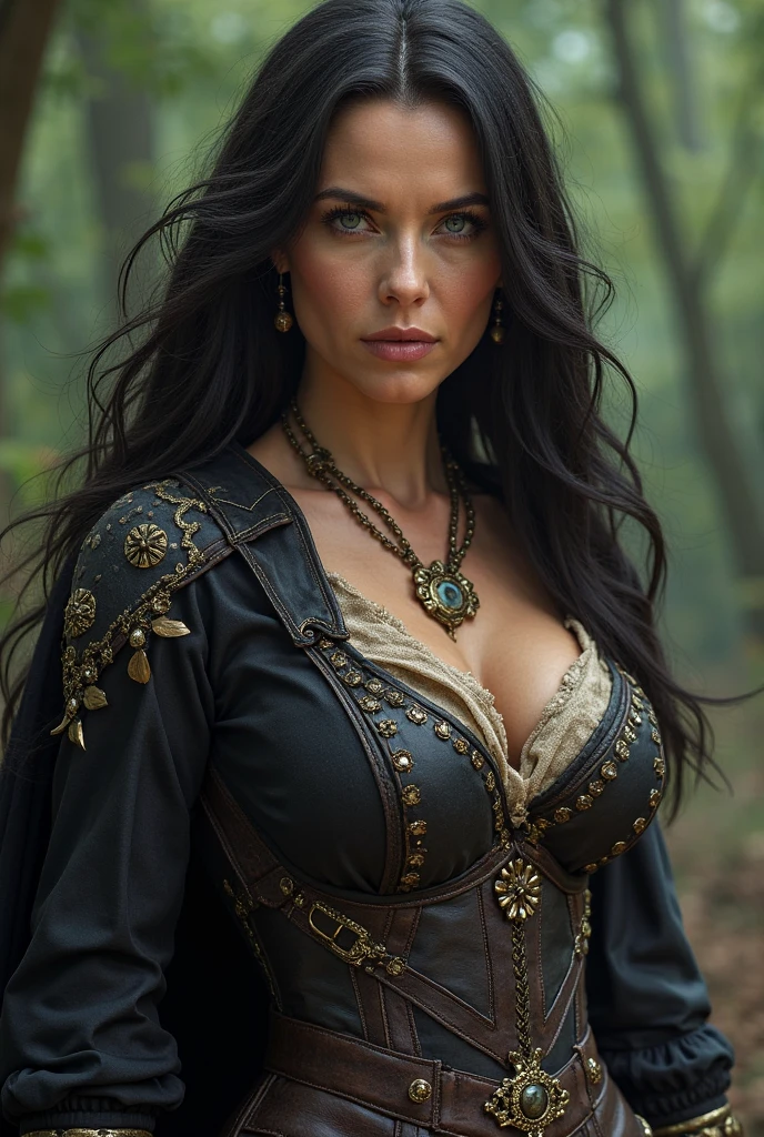 (realistic, best quality:1.2), 1 girl, black hair, slavic face, big breasts, unbuttoned shirt, detailed eyes and lips, natural lighting,nipples