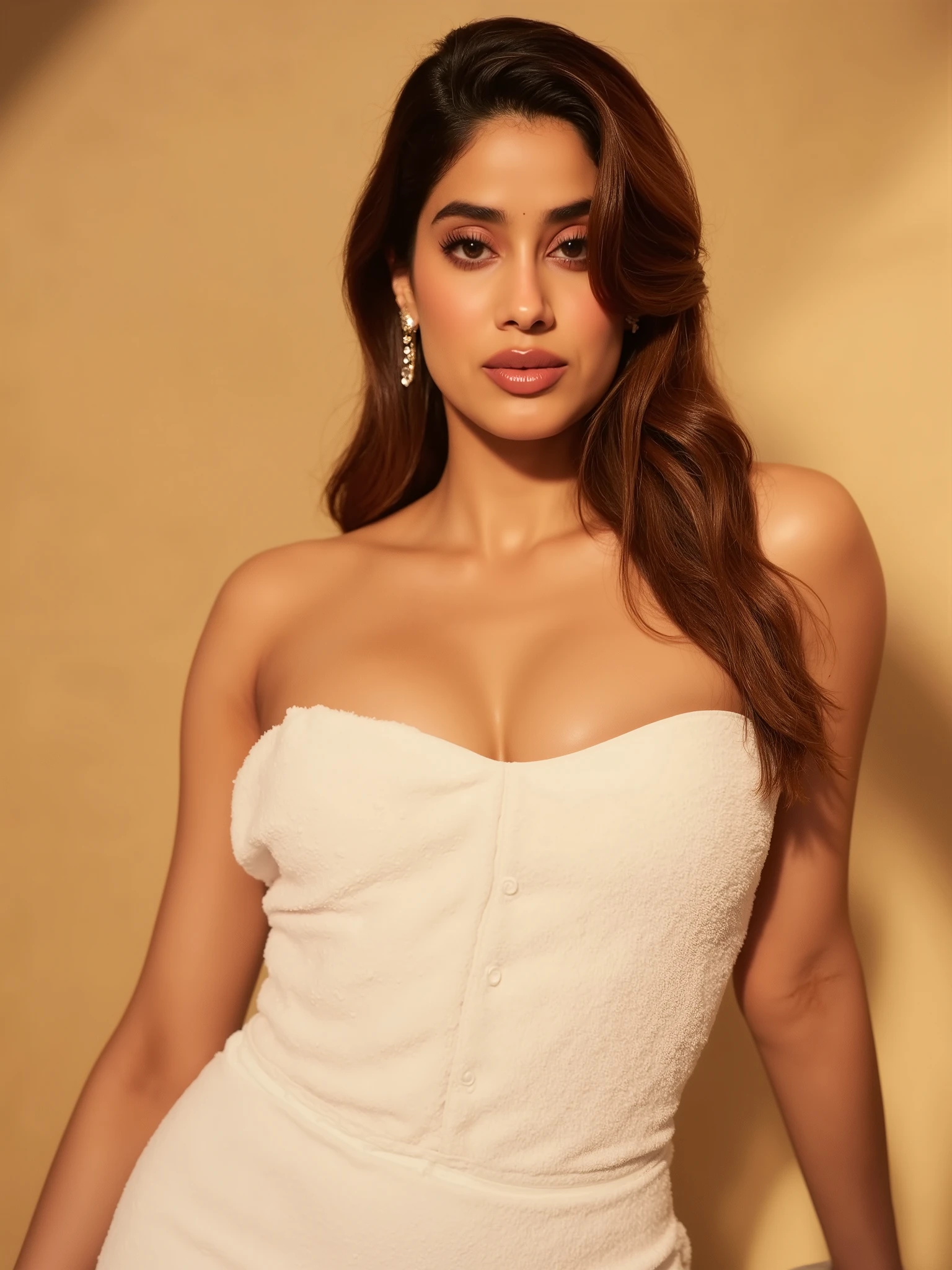 Generated images with the prompt: 'Jhanvi Kapoor in different poses, wearing a white towel dress, with glowing, oiled skin, big boobs exposing little in a warm, softly lit background'