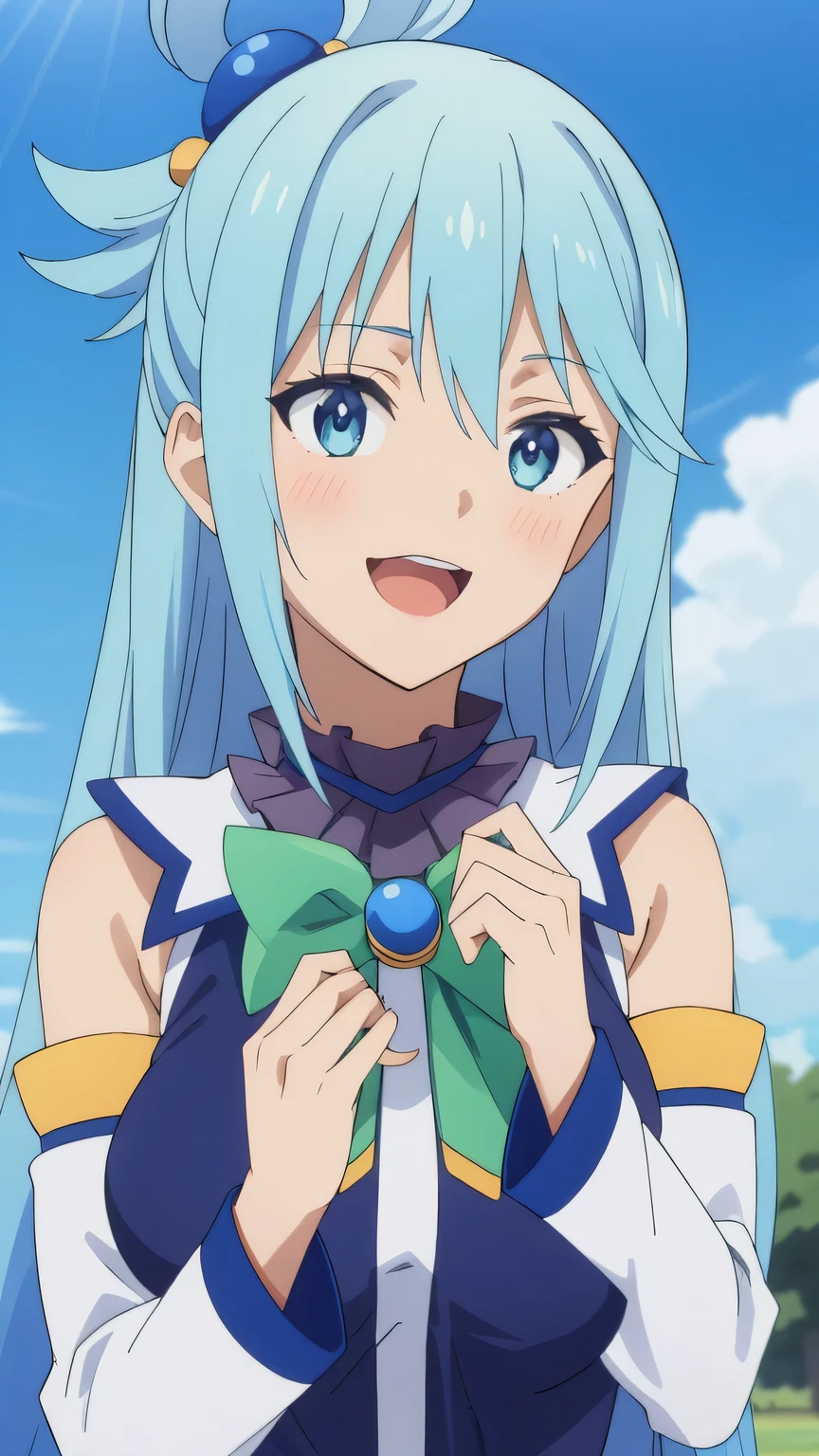 {{{masterpiece}}}, (best quality:1.5), (ultra-detailed:1.5), {illustration}, {{an extremely delicate and beautiful}}, (beautiful detailed eyes:1.6), absurdres, highres, extremely detailed face, 16k, hd, visual anime de uma jovem mulher, extremamente bonito rosto de anime, anime melhor garota, (perfect hands, perfect anatomy), anime face, aqua (konosuba), 1girl, cute face, long hair, blue eyes, hair ornament, very long hair, blue hair, half up, bangs, sidelocks, hair rings, hair bobbles, large breasts, BREAK, blue vest, shirt tuck out, white collar, green bow, bare shoulders, detached sleeves, white sleeves, BREAK, 1girl, solo, smile, open mouth, beautiful anime girl, beautiful art style, close up of breasts, Looking at Viewer, perfect body, outdoor, sky, daytime, public park, sun, PBYoung, (bust shot:1.3)