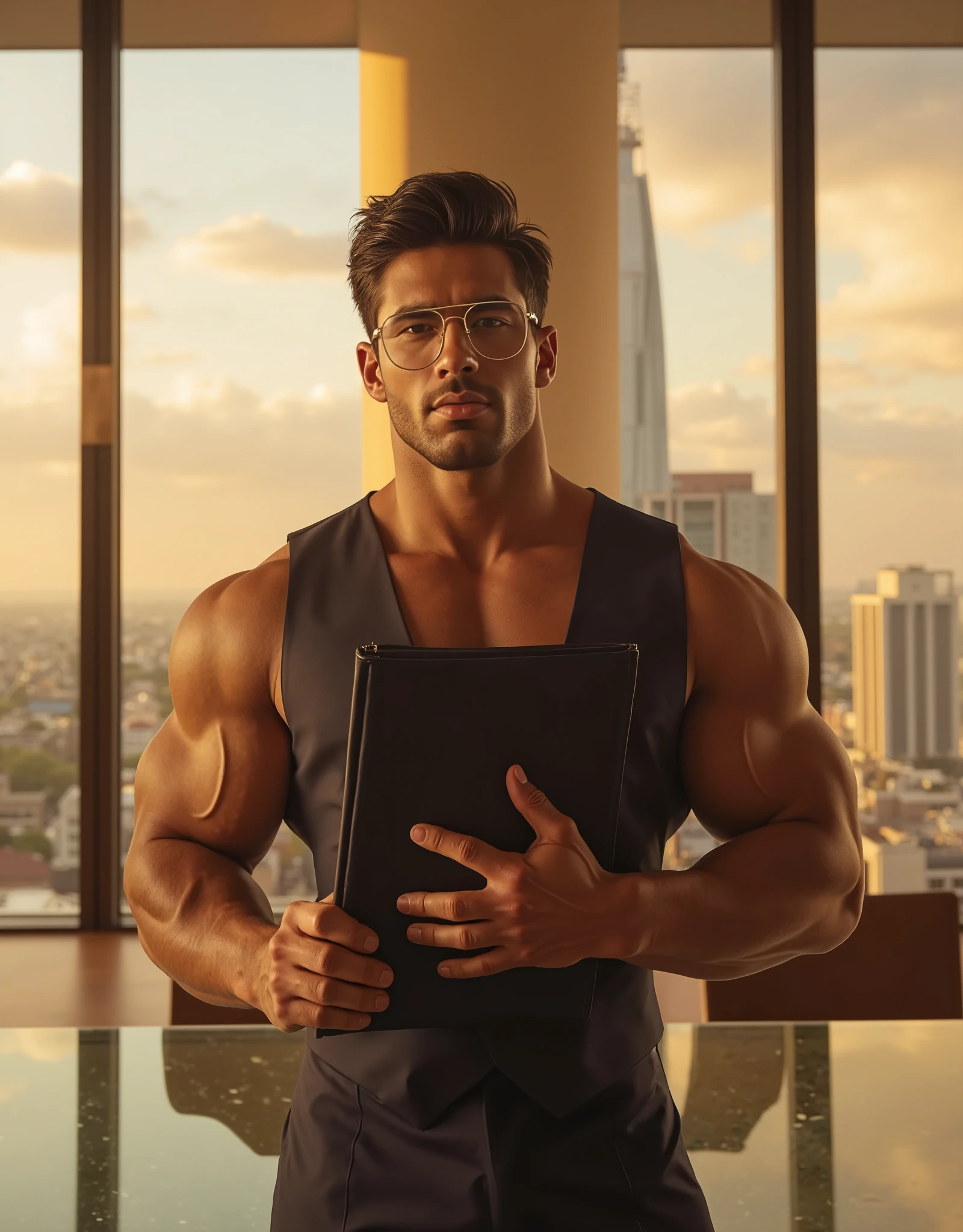 Masterpiece, Accurate, Award Winning, Best Quality, Extremely Detailed, 8K, HD, Super-Resolution, Cinematic Lighting, F/11 Depth Of Field, Photorealistic, Full Coloured, Shot on 70mm, 5D. A ((handsome, muscular Balinese man)) stands at the head of a ((modern conference table)), his ((broad shoulders squared)), exuding confidence and authority. His ((sharp jawline and high cheekbones)) are accentuated by the sunlight streaming through the tall glass windows behind him, casting a ((warm golden glow across his bronzed skin)). His ((short, stylish black hair)) is neatly groomed, with a slight tousle that enhances his ((refined yet effortless charisma)).
He wears a ((perfectly tailored dark navy business suit)), the fabric hugging his ((heroically sculpted physique)), emphasizing his ((powerful chest and thick arms)). A ((crisp white dress shirt)), unbuttoned slightly at the collar, peeks through beneath his ((sleek, fitted blazer)). A ((silver-framed pair of glasses)) sits elegantly on his strong nose, reflecting the light as he glances toward his audience with an ((intense, focused gaze)). His ((veined, masculine hands)) grip a ((sleek leather folder)), fingers resting effortlessly against the document as if mid-presentation.
The ((conference room is modern and bathed in sunlight)), with ((floor-to-ceiling windows)) offering a panoramic city view. The golden light enhances the smooth sheen on his skin, giving his ((strong, muscular build)) a luminous quality. The ((glass conference table reflects his striking image)), the polished surface adding depth and dimension to the setting. The scene captures his ((commanding presence, his poise exuding both power and sophistication)), his expression a perfect balance of ((focus, intelligence, and quiet allure)).