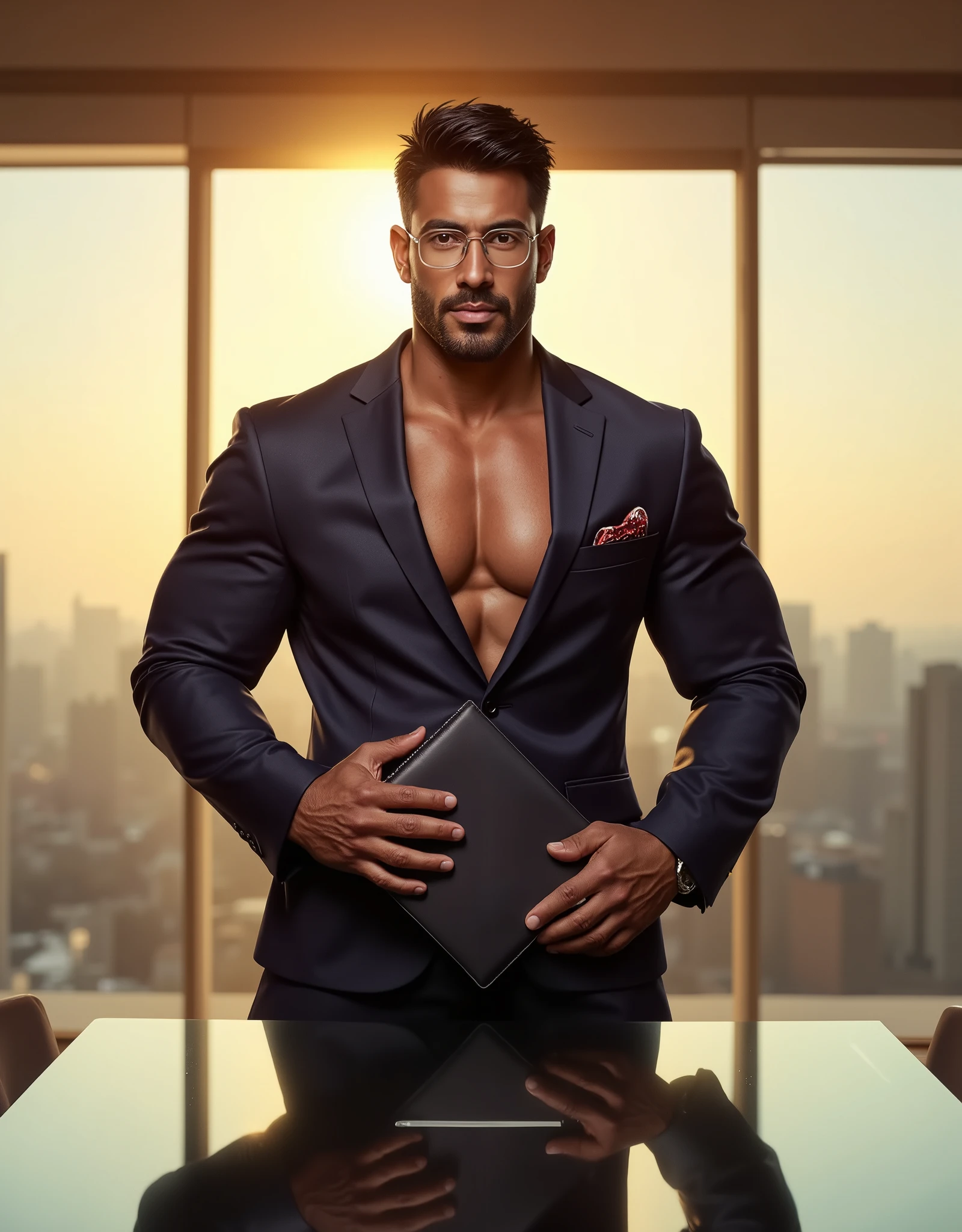 Masterpiece, Accurate, Award Winning, Best Quality, Extremely Detailed, 8K, HD, Super-Resolution, Cinematic Lighting, F/11 Depth Of Field, Photorealistic, Full Coloured, Shot on 70mm, 5D. A ((handsome, muscular Balinese man)) stands at the head of a ((modern conference table)), his ((broad shoulders squared)), exuding confidence and authority. His ((sharp jawline and high cheekbones)) are accentuated by the sunlight streaming through the tall glass windows behind him, casting a ((warm golden glow across his bronzed skin)). His ((short, stylish black hair)) is neatly groomed, with a slight tousle that enhances his ((refined yet effortless charisma)).
He wears a ((perfectly tailored dark navy business suit)), the fabric hugging his ((heroically sculpted physique)), emphasizing his ((powerful chest and thick arms)). A ((crisp white dress shirt)), unbuttoned slightly at the collar, peeks through beneath his ((sleek, fitted blazer)). A ((silver-framed pair of glasses)) sits elegantly on his strong nose, reflecting the light as he glances toward his audience with an ((intense, focused gaze)). His ((veined, masculine hands)) grip a ((sleek leather folder)), fingers resting effortlessly against the document as if mid-presentation.
The ((conference room is modern and bathed in sunlight)), with ((floor-to-ceiling windows)) offering a panoramic city view. The golden light enhances the smooth sheen on his skin, giving his ((strong, muscular build)) a luminous quality. The ((glass conference table reflects his striking image)), the polished surface adding depth and dimension to the setting. The scene captures his ((commanding presence, his poise exuding both power and sophistication)), his expression a perfect balance of ((focus, intelligence, and quiet allure)).