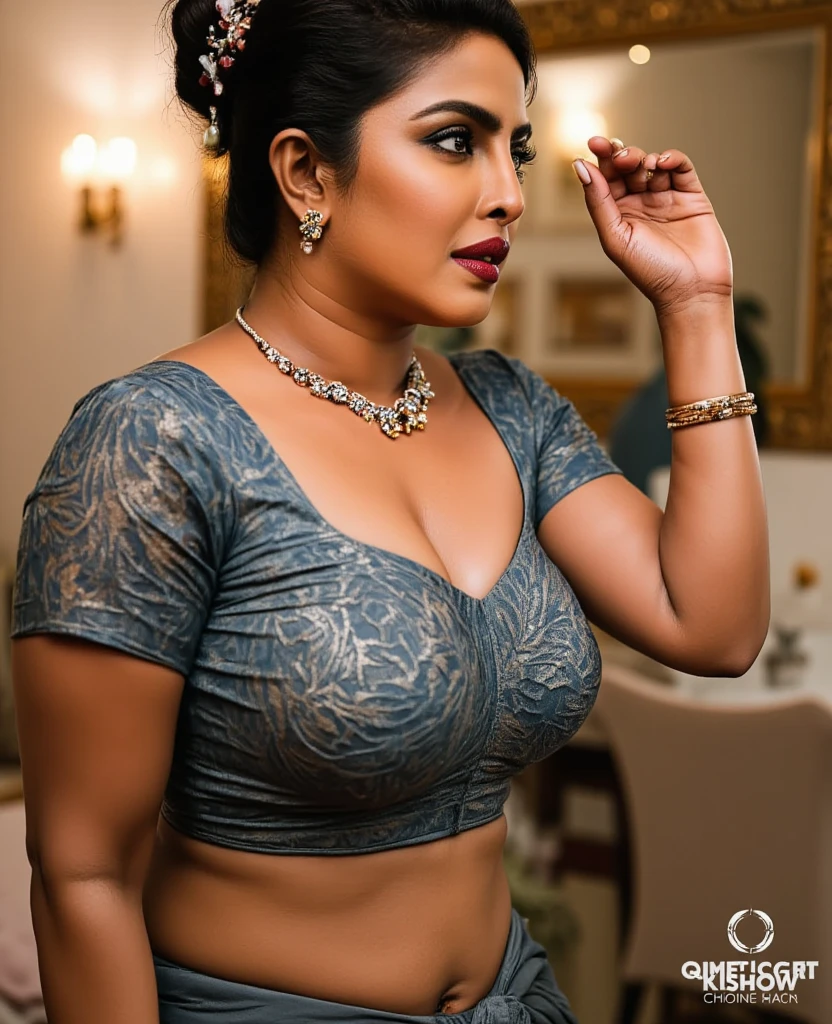 masterpiece, (((dark brown indian))), high-level image quality, depth of fields, beautiful mature women, curvy body, 40years old, up of face, Fancy makeup, abs, old yet fit athletic body, big tits, unhooked saree blouse, tamil village house room, (((muscular bodybuilder, lady)))