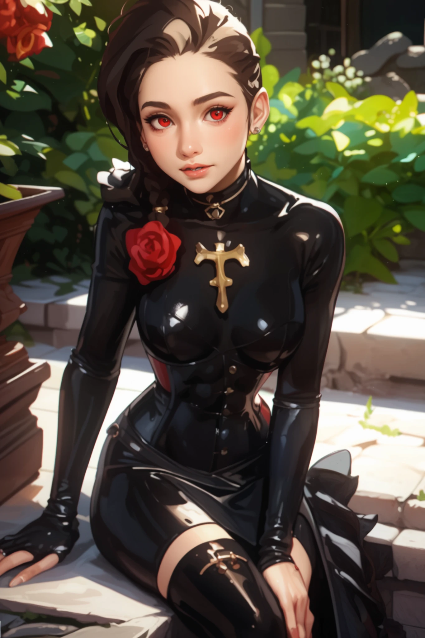 realisticlying，1girl，Black hair，Black eyes，glowing light eyes，Black silk transparent tights，parted lip，Be red in the face，the night，fresh flowers，suns，rays of sunshine，