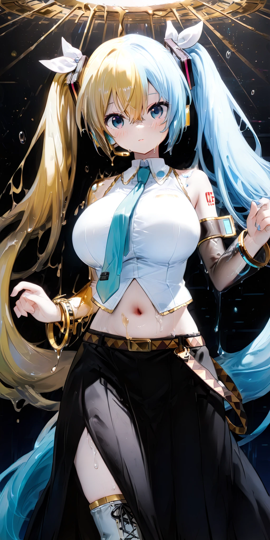 1 Girl, baby blue eyes, nose, eyebrow, ear, big white hair, blue hair locks, bangs, eye hair, sexy anime white rabbit outfit, big chest, standing, background scenery, in a nightclub, lights colorful, ambient detail, ultra-detailed