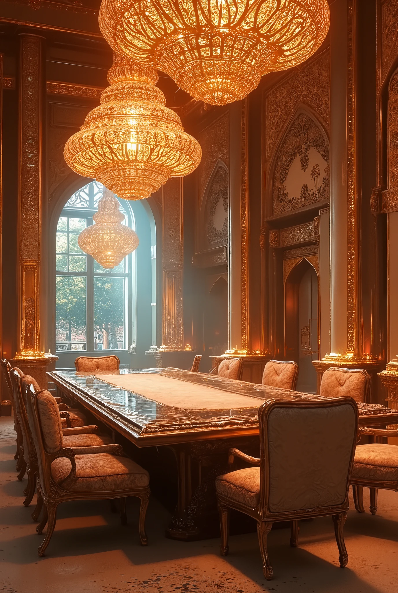 has a dining room with table and chairs and chandeliers, cgsociety 9, future persian palace, cgsociety Unreal Engine, Redshift Houdini, future. game cg, Unreal Engine Cinema 4D, Glamorous cyberpunk decor , Surreal Symmetry 8k, Rene Lalique、Eddie Mendoza, cinematic Unreal 5 , cinematic smooth Unreal Engine