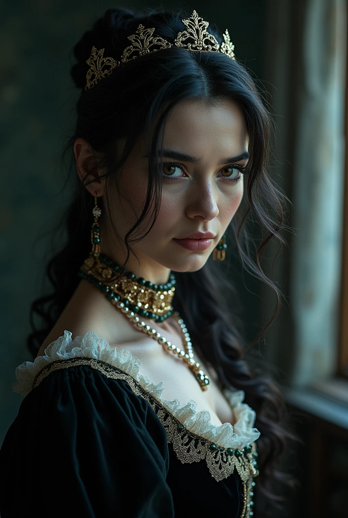 Beautiful 23-year-old tan-skinned woman dressed in the Victorian era with a perfect body and beautiful breasts, with Apache and English features, green eyes and black hair, long and straight.