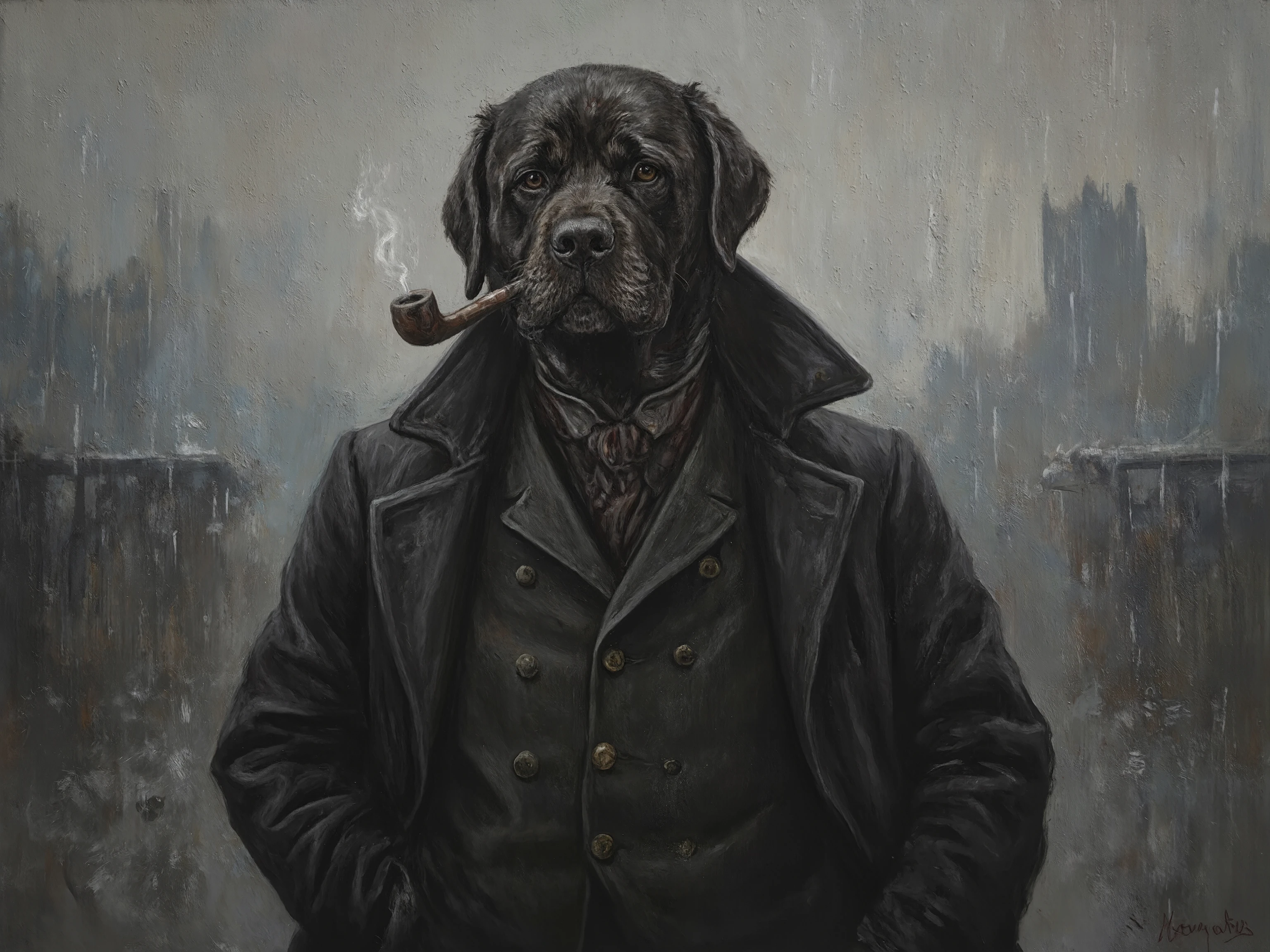 portrait oil painting of a dog in detective uniform, tobacco pipe in mouth and hand in pocket, grim color, light rain, outdoor, set in Victoria era