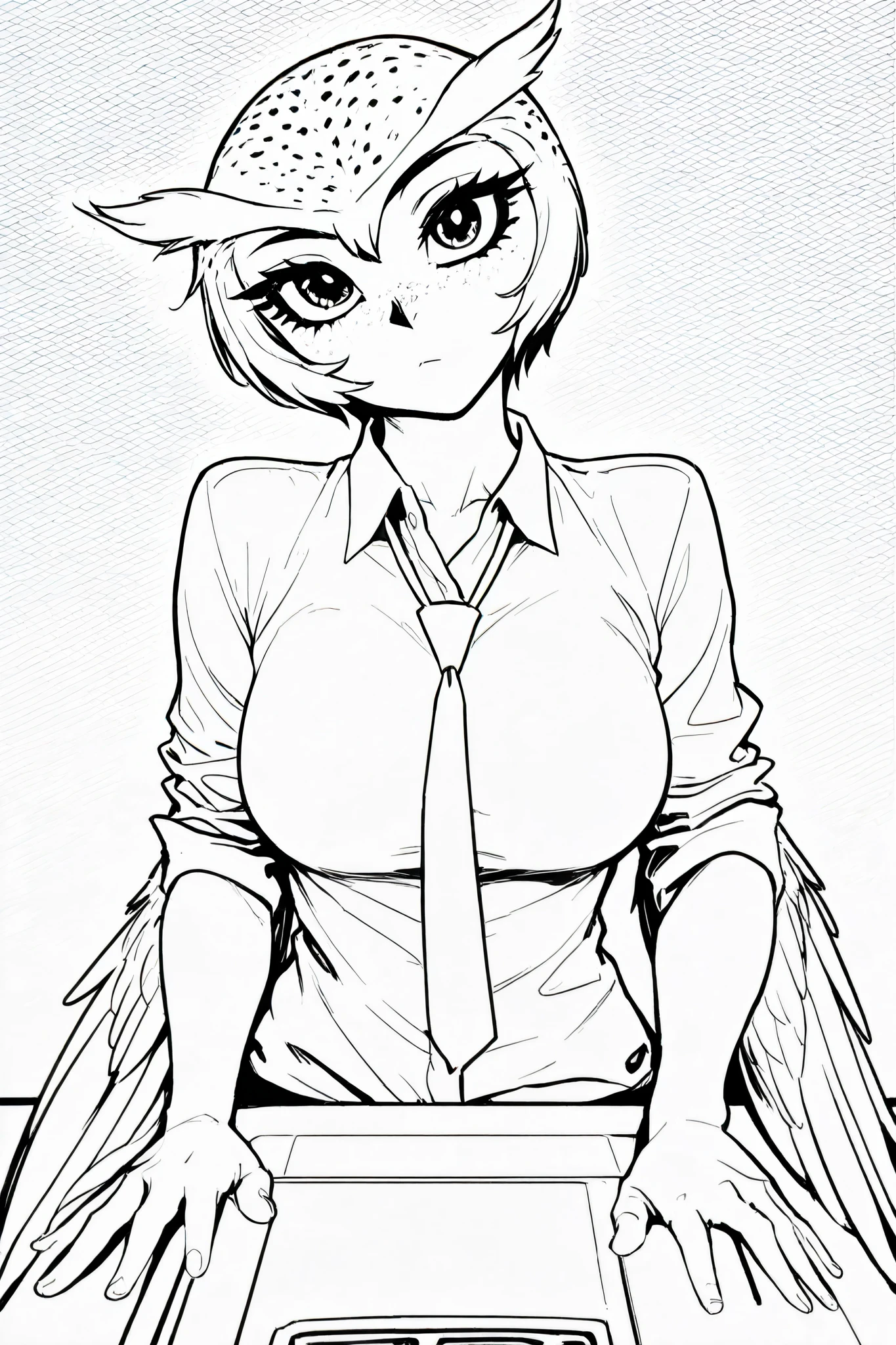 score_9, score_8_up, score_7_up, score_6_up, score_5_up, score_4_up, masterpiece.
BREAK
(masterpiece: 1.0), best quality, perfect anatomy, perfect composition, perfection, 4k resolution, absurdres, very aesthetic, professional artwork, absolutely beautiful. greyscale, monochrome, line art, lineart, Timbrook
BREAK
absurdres, best quality, winged arms, feathered wings, prehensile wings, masterpiece, owl girl, extreme head tilt, freckles, big eyes, shirt collar, tie, breasts, cashier, rolled up sleeves, 
