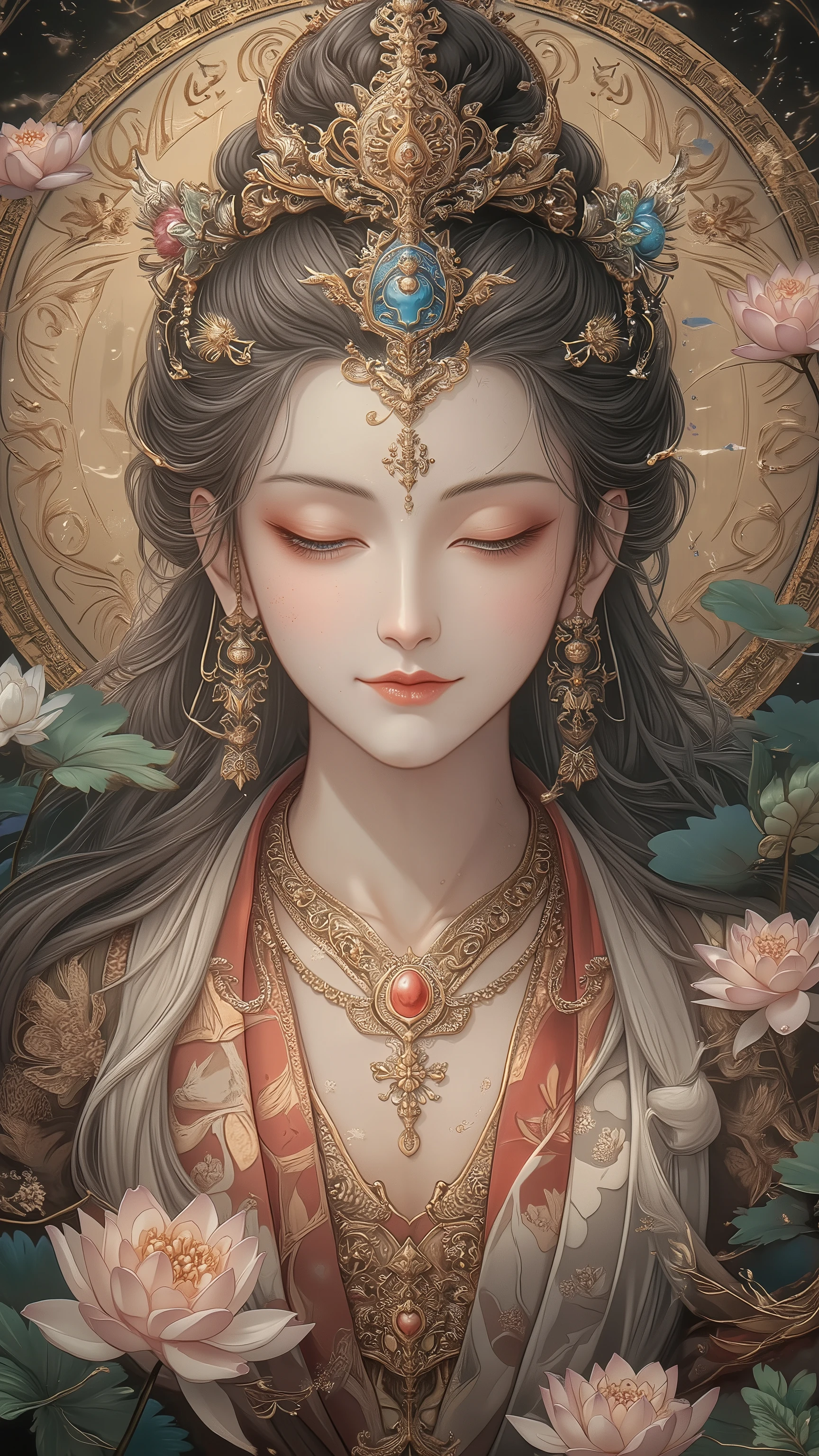 (( top quality)),( Ultra A High Resolution ),( super detailed),(Detailed depiction),(( Best Anime )),( Best Works of Art ),Sharpness,, Ultra Precision Art , amazing depiction art , The Beauty of Intricate and Detailed Details:1.3,Buddhist Paintings ,Mandala, ((woman:1.5)), Bodhisattva:1.5, Merciful Expression :1.4,Lotus flower:1.4