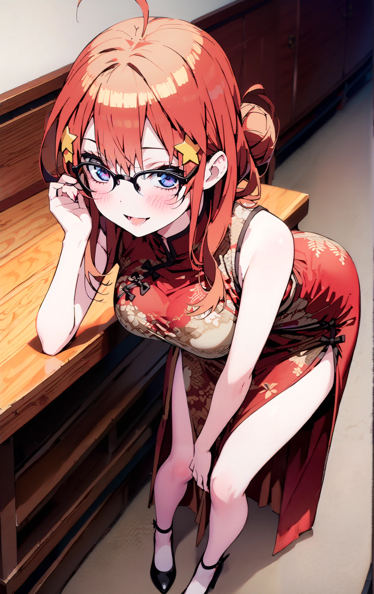 Nakano Mizuki , long hair, blue eyes, hair ornament, red hair, hair bun , star ( symbol ), Lick the boy's penis with half-framed glasses , glasses under the rim, star hair ornament, smile,blush, open the mouth,sleeveless red china clothes,Big Breasts,Long slit,Bare legs, pin heels, standing, table,chair,whole bodyがイラストに入るように,
break indoors, Chinese Restaurant,
break looking at viewer,whole body,
break ( Masterpiece:1.2), top quality , kampala, Unity 8k Wallpaper,(shape:0.8),( fine, beautiful eyes :1.6),It's a person ,whole body写真,CG Details , ( perfect hands, Complete Anatomy),