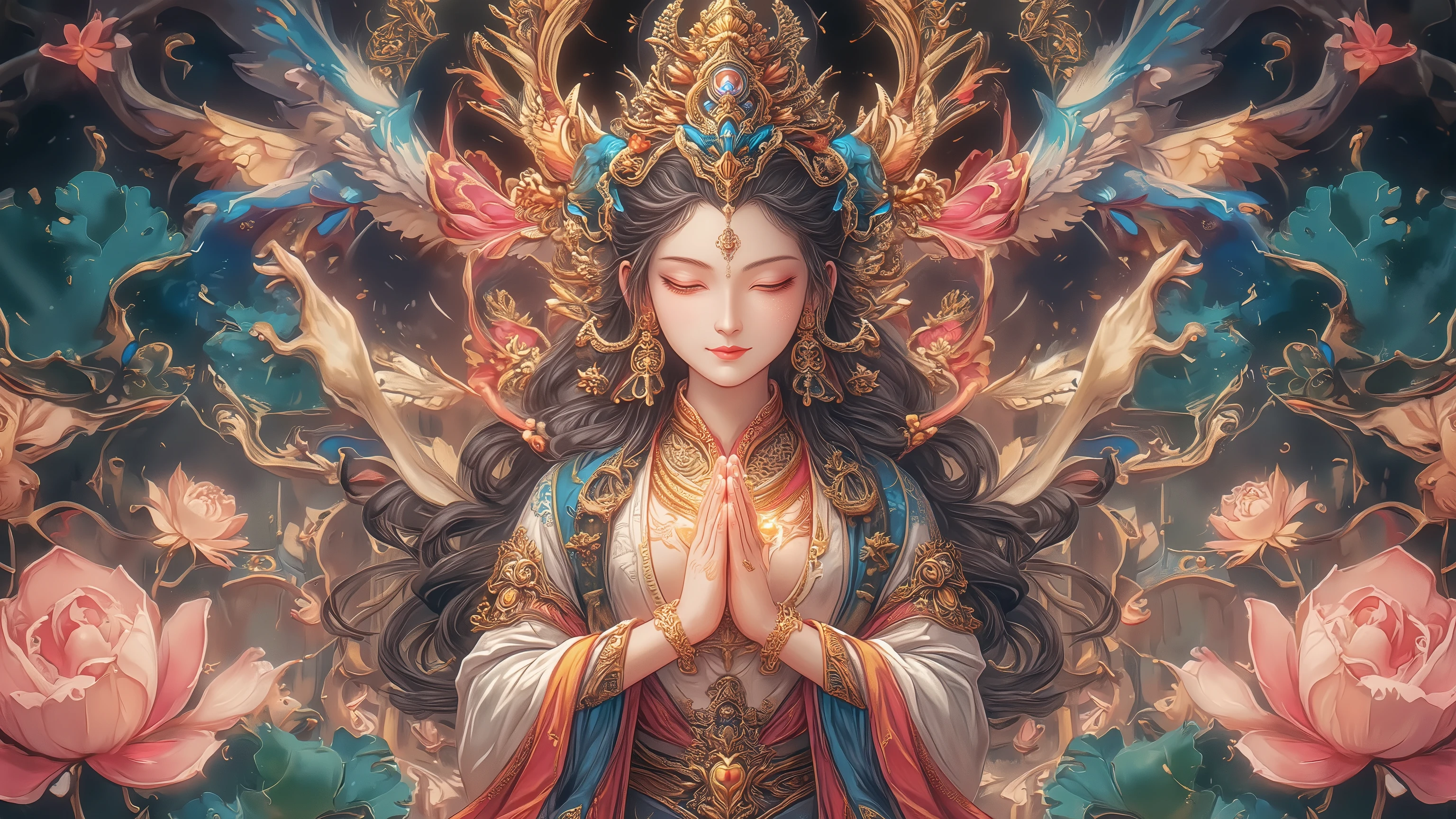 （Chinese immortals）, （buddhism）, multiplication_Hands，（Mythological tales）, （Bodhisattvas）, She sits on a lotus, （Six arms stretched out from her body, Each hand has a different Buddhist vessel, bilaterally symmetrical），（delicate and beautiful face）, （White silk robe）Sitting on a lotus flower, frontal photos，lightsmile, neo-classical, Op art, Chiaroscuro, Cinematic lighting, God Light, Ray tracing, character sheets, projected inset, One-person viewpoint, hyper HD, masutepiece, ccurate, Textured skin, Super Detail, high details, High quality, awardwinning, Best Quality, hight resolution, 8K，Ultra-high sharpness，Clear face