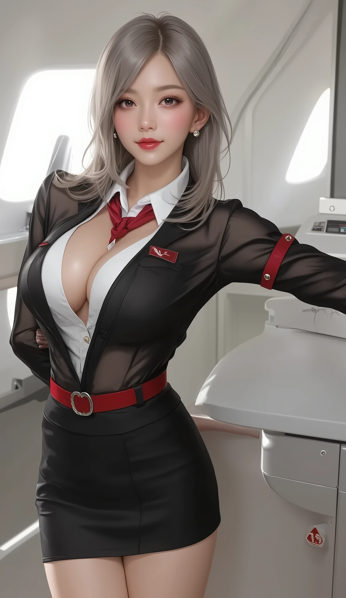 (( masterpiece,  top quality)), ( 1 sexy flight attendant girl), Japan airlines, (Alone), ( focused on women), (stupid hair, Gray Hair,  very long hair),  blond eyes ,   light smile,  Open Your Mouth, Big breasts and deep cleavage、((flight attendant uniform, transparent), ( buttoned shirt ), ( button gap )), (( black skirt ), ( short skirt)),  standing, , , 、 dynamic angle,