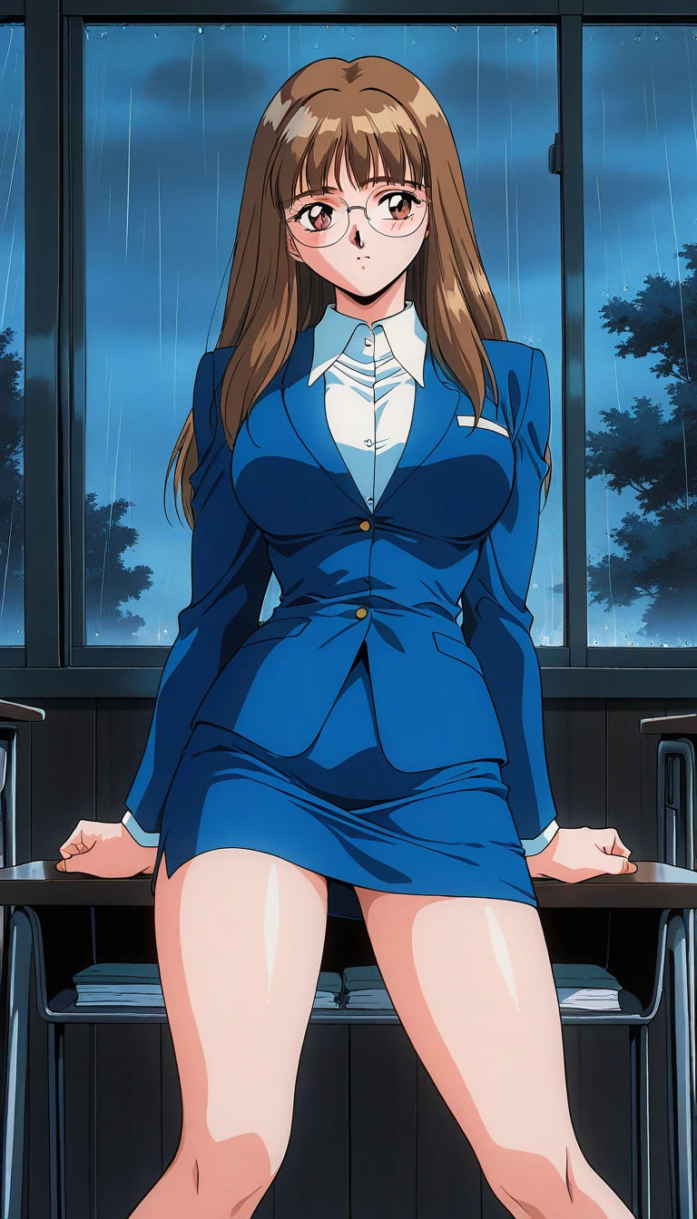 Sitting in a red train seat, (Spread your legs), (White panties), Blue jacket, Blue suit , Red bow tie, (Blue pleated skirt), White shirt, (Background inside the train), sunny, Kamiki Mirai, Mature Woman, Anime cel style, highest quality, High resolution, One girl, (Huge breasts:1.2), Beautiful Face, Beautiful fingers, Beautiful long legs, Beautiful body, Beautiful Nose, Beautiful character design, Brown Hair, Long Hair, bangs, blue eyes, View Viewer, Cowboy Shot, smile