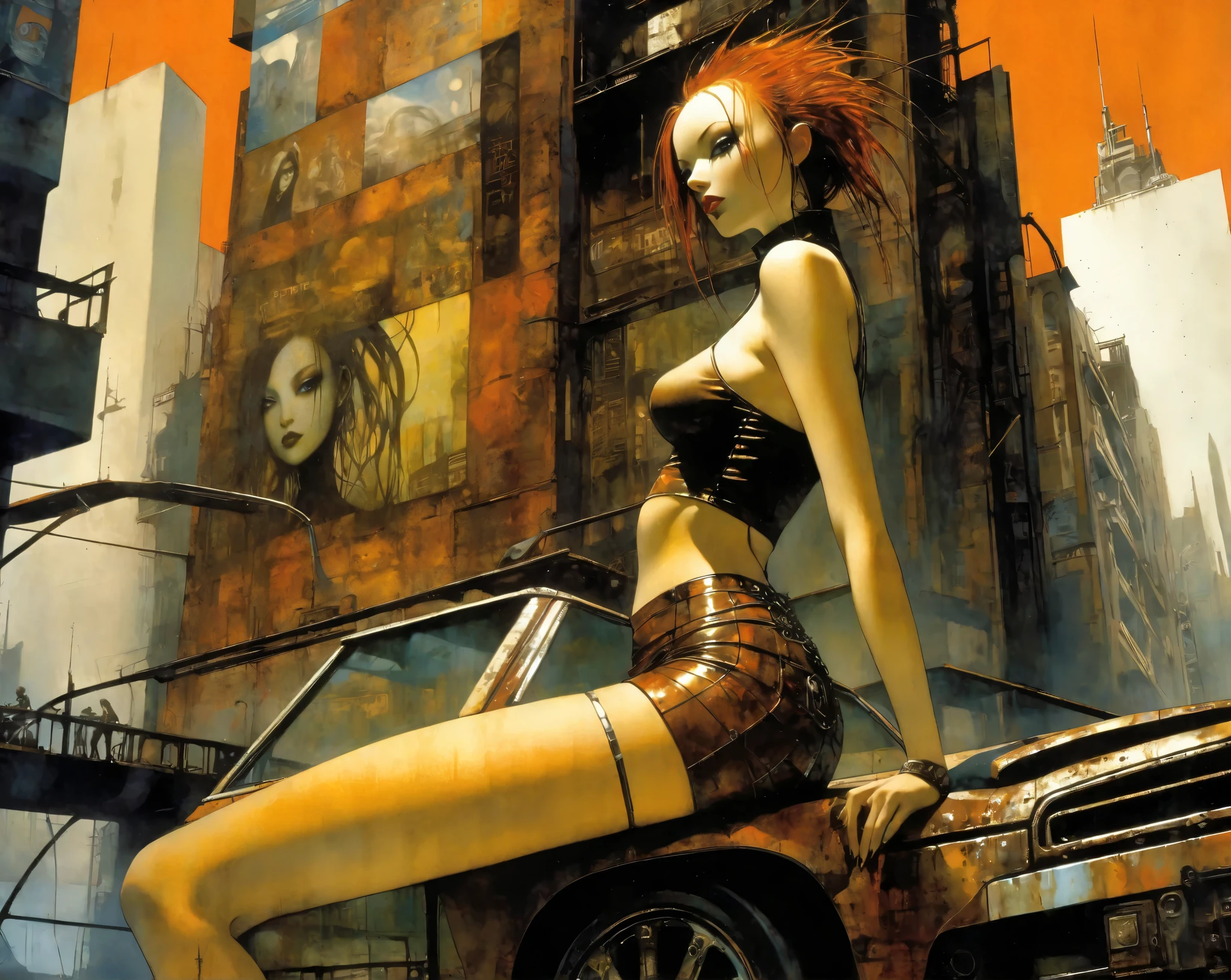 Future City Sexy Girl .1.5, Rust Metal City , Many details , car, building, Billboard, Leather Mini Skirt and Very Tight Longline Blouse, ( Art Inspired by Dave Mckean , Intricate Details , Oil Painting )
