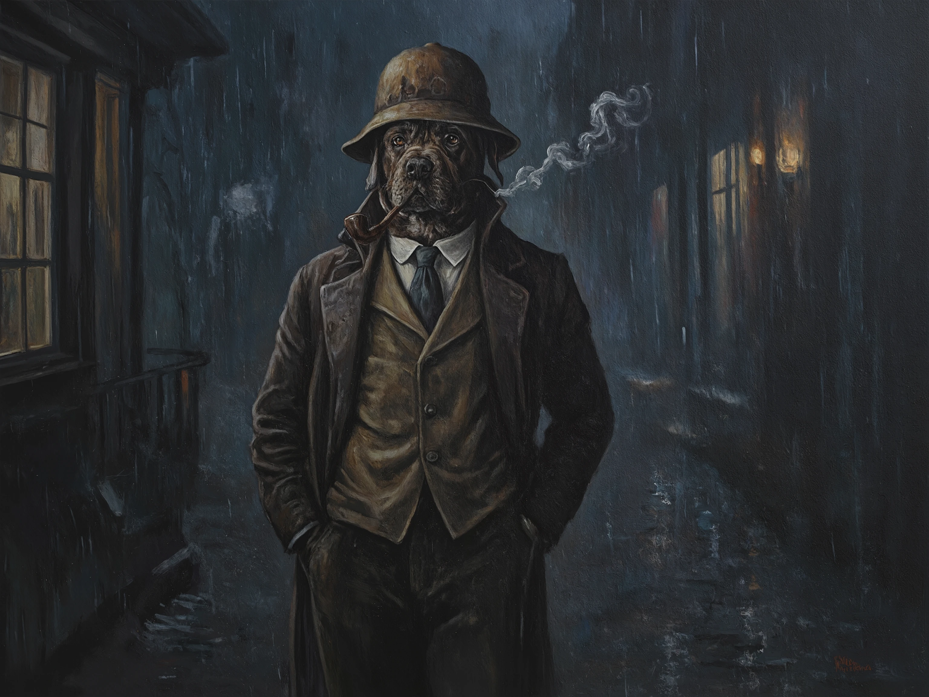 portrait oil painting of a dog in detective uniform, tobacco pipe in mouth and hand in pocket, grim color, vivid background, light rain, outdoor, set in Victoria era