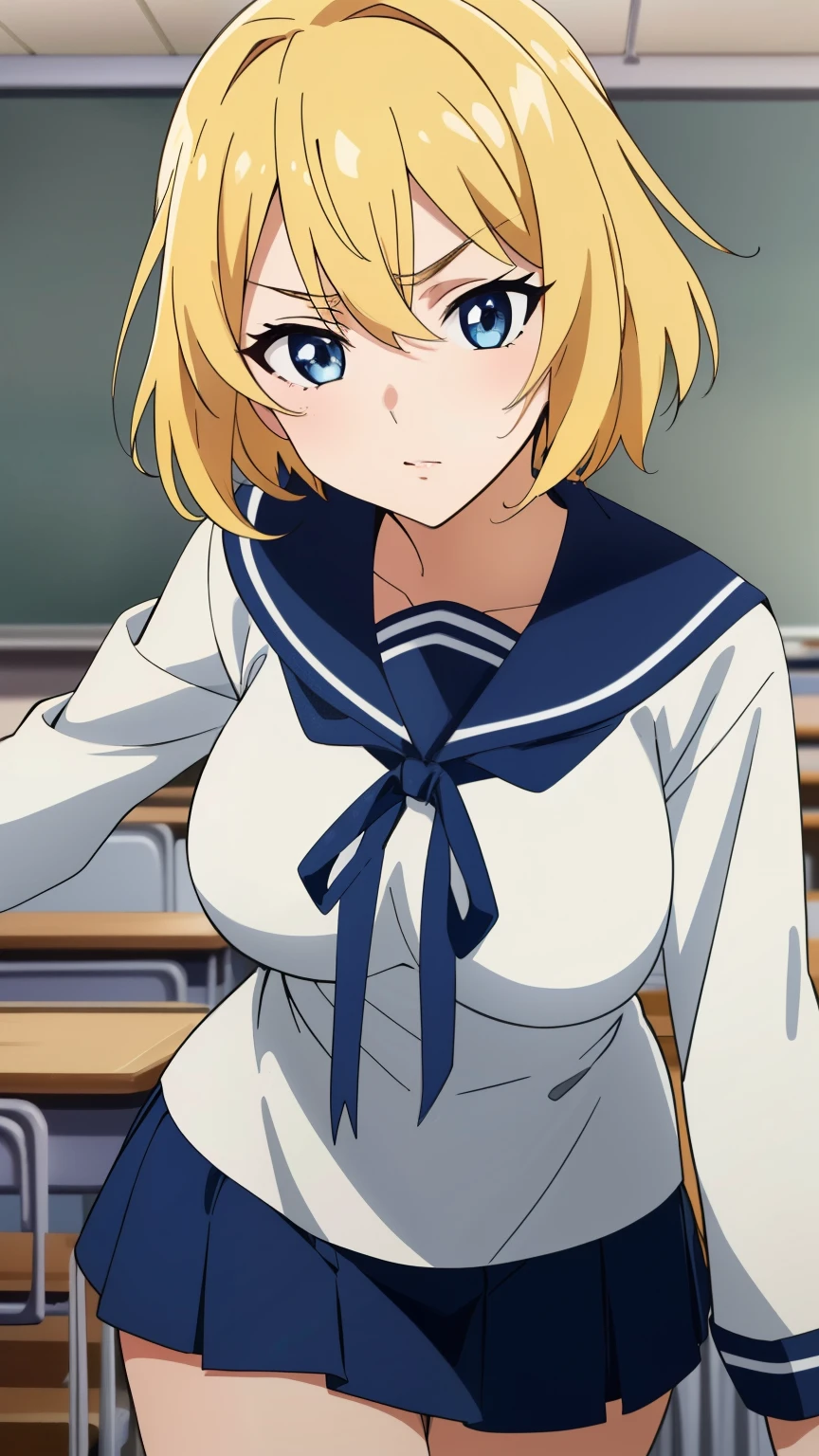 (Top quality, masterpiece, 8k), (anime coloring:1.2), very detailed, very detailed, perfect face, beautiful eyes, perfect eyes, detailed eyes, detailed face, ultra-detailed, detailed eyes, symmetrical eyes, sharp details, 1 girl, solo, (mature face:1.3), blonde hair, (short hair), makeup, false eyelashes, (sharp eyes), (medium breasts:1.4), 18 years old, healthy skin, slim, slim body, (quiet, nervous), (highschool girl, white sailor suit, white long sleeve, navy blue ribbon, black skirt, classroom), (cowboy shot:1.3), (dynamic pose), looking at the viewer, in the center of the image