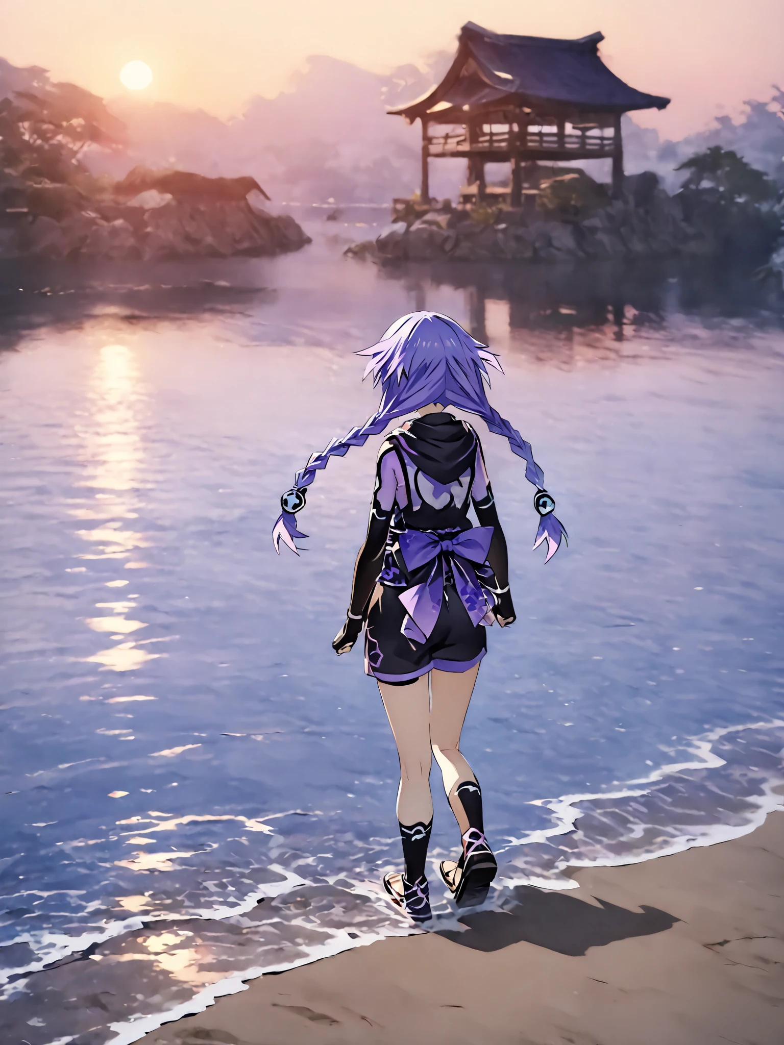  Neptunia dressed as a ninja with long purple hair and pigtails. Walking by the water,  backwards,  contemplating the sunrise ,  high resolution,  masterpiece, smiling