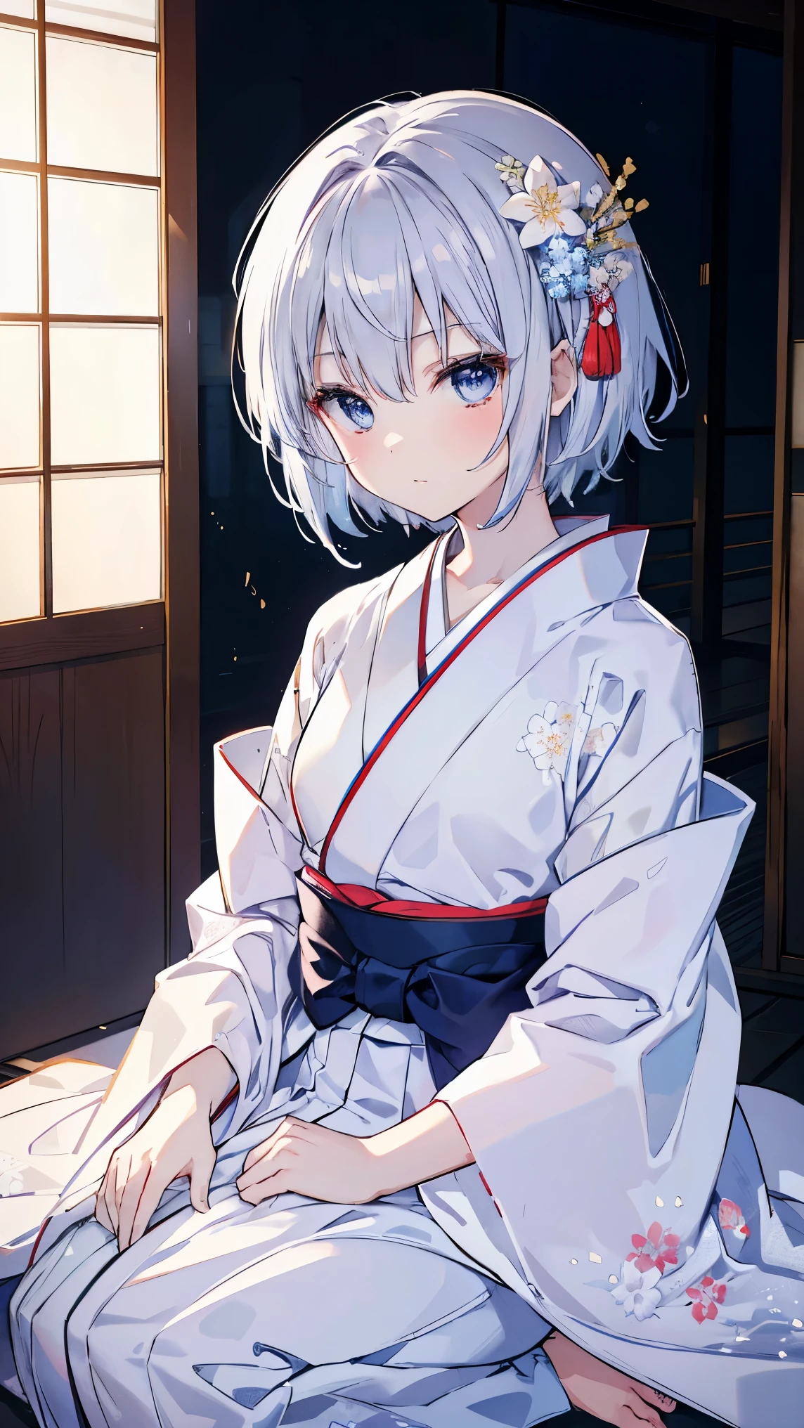  top quality、、(Whitening skin)、 Silver Hair、 very short hair 、 light blue eyes、Petite、 Slender、( kimono、Hakama, kimono、Floral,)、Small breasts、Japanese-style room,赤い頬