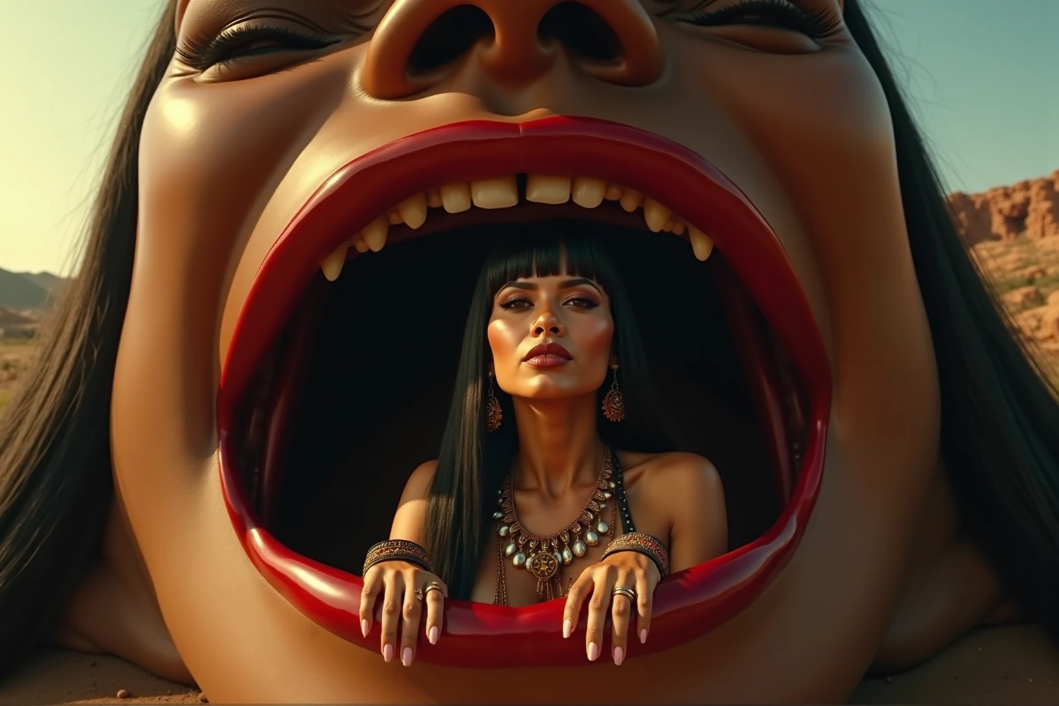 score_9, score_8_up, score_7_up, score_6_up, 1girl, solo, jewelry, rating: safe, brown_eyes, black_hair, lips, makeup, armlet, breasts, egyptian, egyptian_clothes, dark_skin, nose, earrings, gold, lipstick, cleavage, realistic, looking_at_viewer, medium_breasts, open_mouth, oral_invitation, piercing, gyaru, blunt_bangs, bangs, bob_cut, vampire, long_fangs, (from_above:1.3), downblouse, dark, silk, see-through, (blood_from_mouth:1.2), black_robe, blood, sharp_teeth, moonlight, forest, (blood_on_face:1.2)
