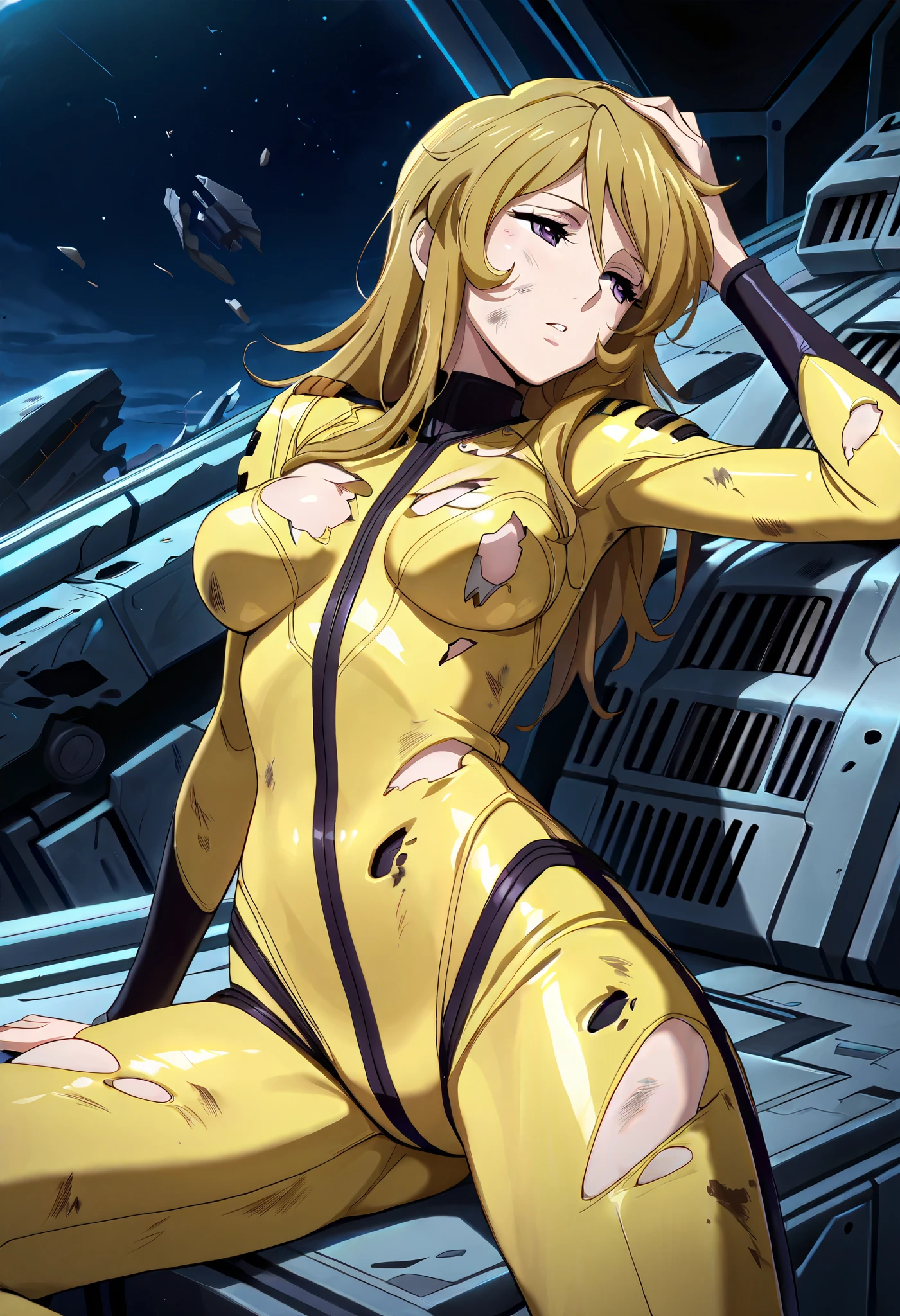 (masterpiece, best quality), , 1girl, fyuk1, solo, mori yuki, blonde hair, purple eyes, half-closed  eyes,  long hair, yellow_bodysuit, torn, dirty, a troubled face, parted lips,  leaning back, looking away, hand on own head, broken spacecraft, , night, dark lighting, 