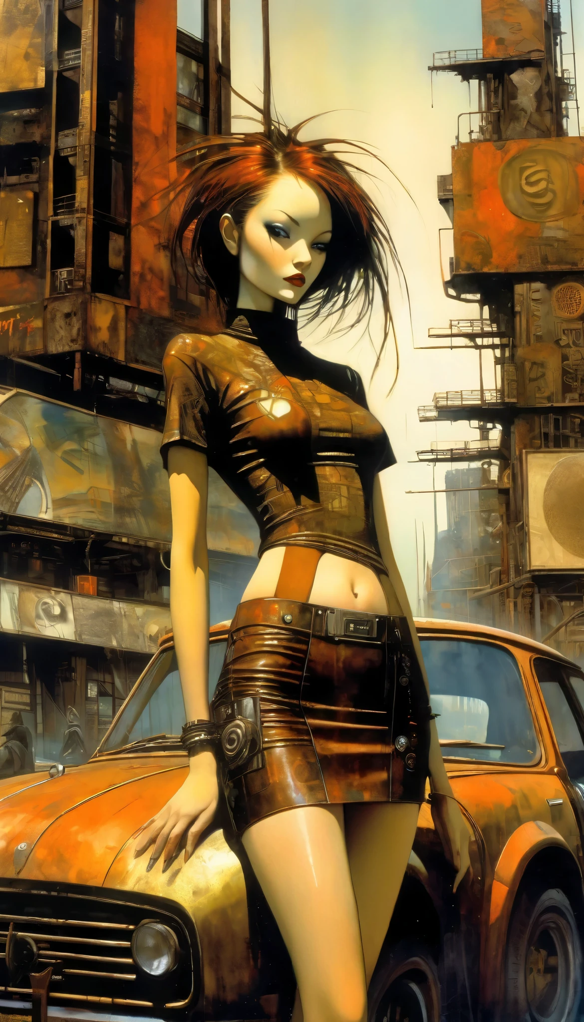 Future City Sexy Girl .1.5, Rust Metal City , Many details , car, building, Billboard, Leather Mini Skirt and Very Tight Longline Blouse, ( Art Inspired by Dave Mckean , Intricate Details , Oil Painting )
