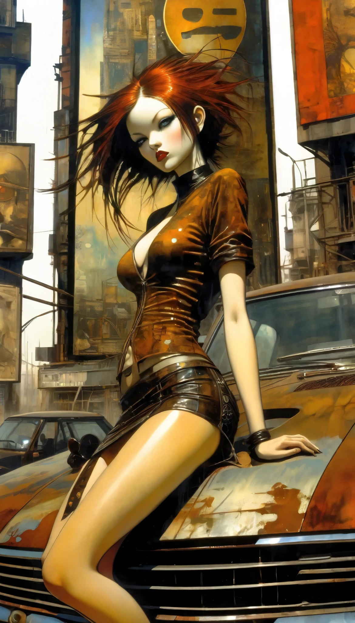 Future City Sexy Girl .1.5, Rust Metal City , Many details , car, building, Billboard, Leather Mini Skirt and Very Tight Longline Blouse, ( Art Inspired by Dave Mckean , Intricate Details , Oil Painting )