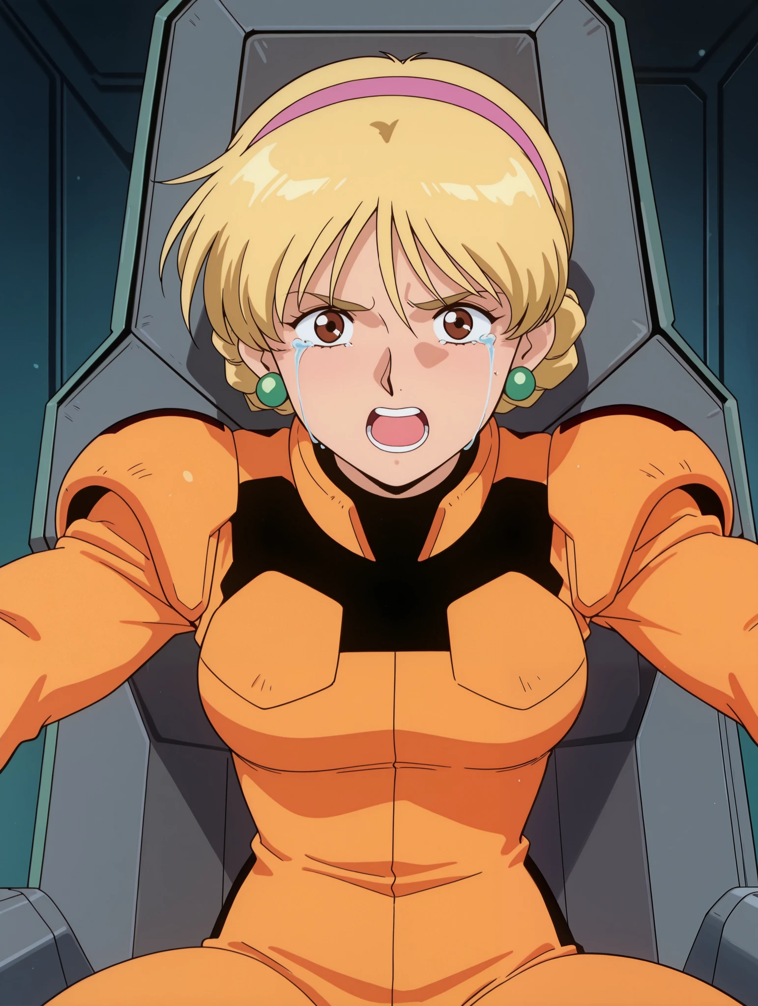 masterpiece, best quality, newest, absurdres, highres, detailed eyes, beautiful, detailed background, perfect eyes, anime coloring, anime screencap, 1990s \(style\), 1girl , Alone, KATEJINA'S STORY. blonde hair, short hair, single bun, french braid, pink hairband , brown eyes, medium breasts, earrings, mecha pilot suit, orange bodysuit, long sleeves, orange gloves, looking at viewer, cockpit in the background、 sits in the cockpit、 crying face、 Screaming with her mouth open
