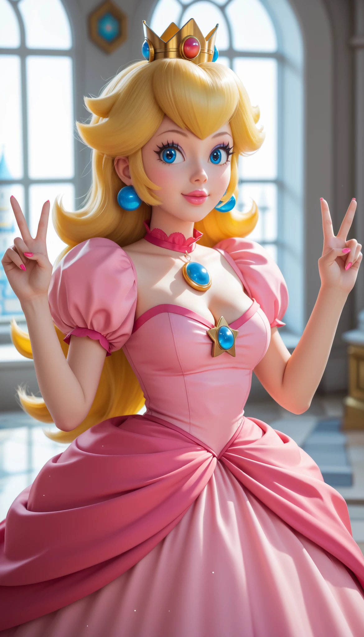 18 years old, MPPeach, 1girl, blonde hair, long hair, blue eyes, crown, dress, big boobs, cleavage, her pink dress, wink, peace, she is holding a luma (a star from mario universe), princess peach castle in the background, vivid colors