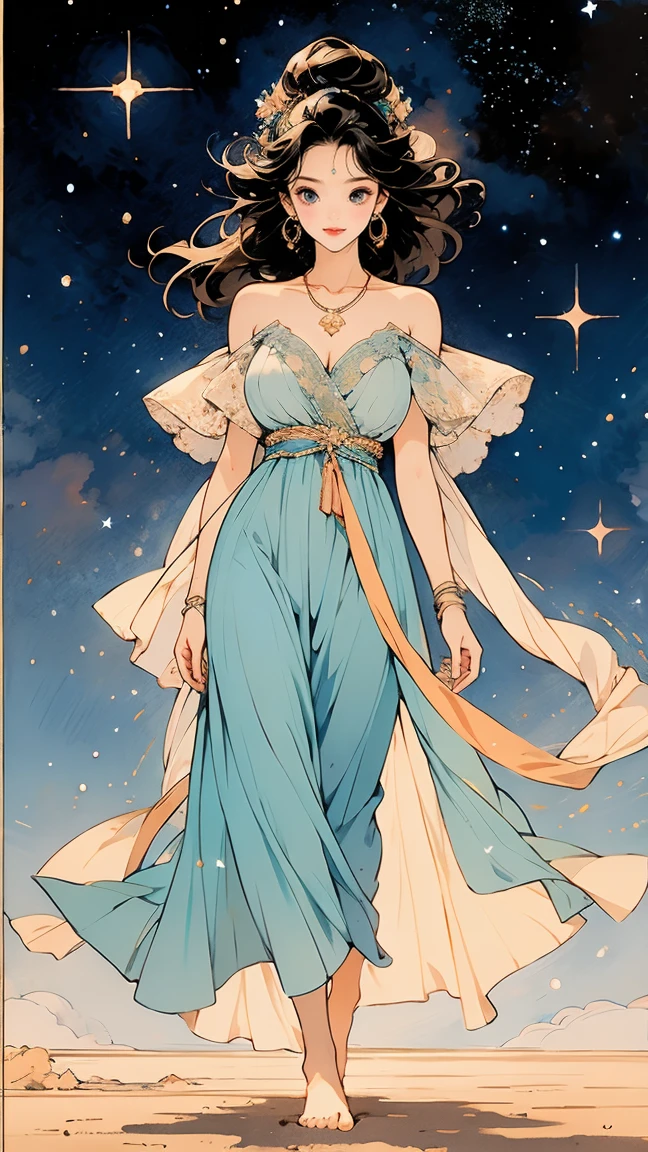 A gypsy (Beverly crusher) with green eyes black hair, sheer embroidered white blouse with gold medals and airy sheer red skirt with ruffles, seashell necklaces., no underwear
