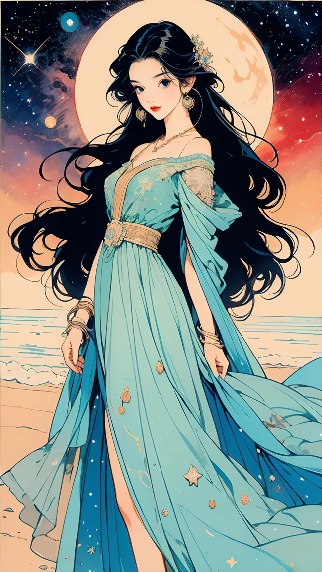 ( high res,  top quality,  masterpiece, 8k), a beautiful and cute woman, :165cm,  ,   white lace half dress ,  Off the Shoulder,  sleeveless, Blue-shining black hair,  blue eyes,  healthy skin,  Perfect face 、 perfect style 、 necklace,  earrings,  my hair sway in the wind,   flash ,  bright,  mystical ,  bright colors visible from the forehead,   Look at Me and Laugh, Walking barefoot on the beach ,    Look at Me and Laugh、 free drawing style full of peace and harmony 、 starry sky , sunset,  Milky Way, nebula,  anime illustration art、 digital illustration art 、 perfect art 、