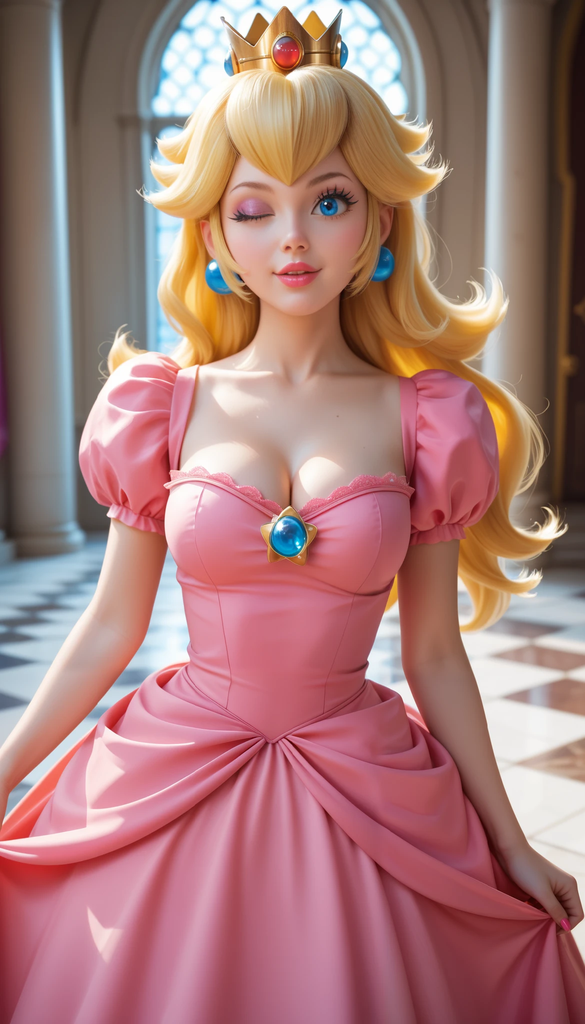 18 years old, MPPeach, 1girl, blonde hair, long hair, blue eyes, crown, dress, big boobs, cleavage, her pink dress, wink, ((she is holding a luma (a star from mario universe)), princess peach castle in the background, vivid colors