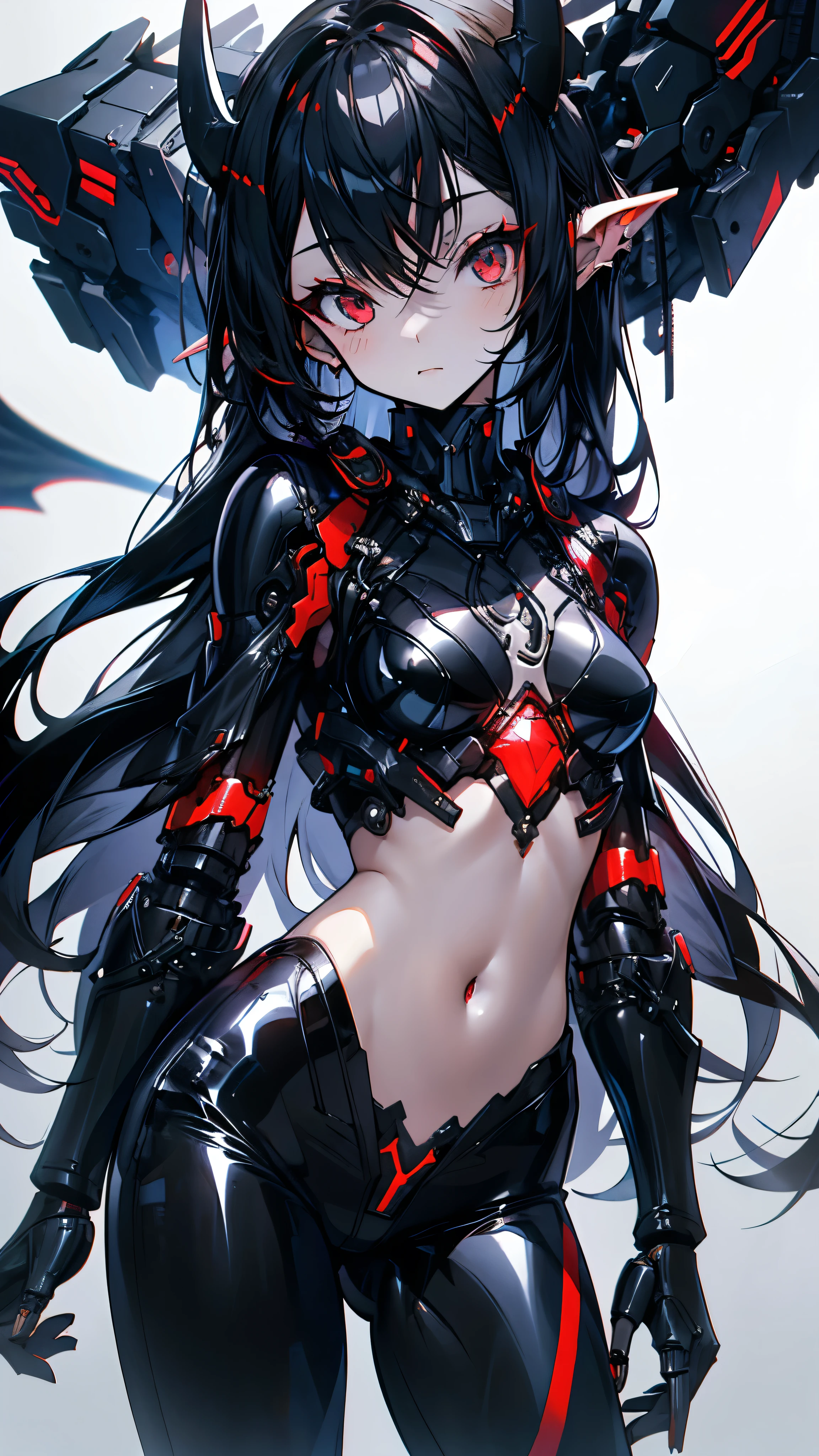 best quality, no eels, heavy cruiser princess, abyssal ship, 1girl, asymmetrical horns, mechanical parts, gears, cracked skin, center opening, empty background, white background,
