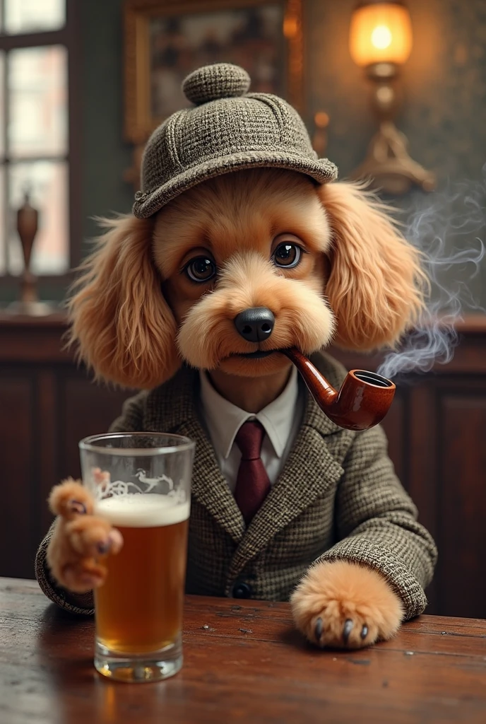 A toy poodle dressed as Sherlock Holmes at a London pub　I'm smoking pipe tobacco、