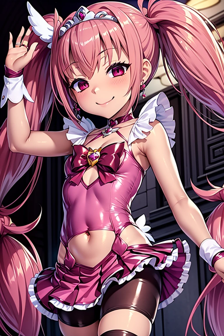 Cure happiness, low twin tails, Feather hair ornament, skirt, tiara, wrist cuffs, pink shorts, shorts under skirt, boots, corruption, empty eyes, half closed eyes, evil smile, There are no students, crazy smile, open your mouth, 1 girl, mature woman, married woman, Dark Magical Girl