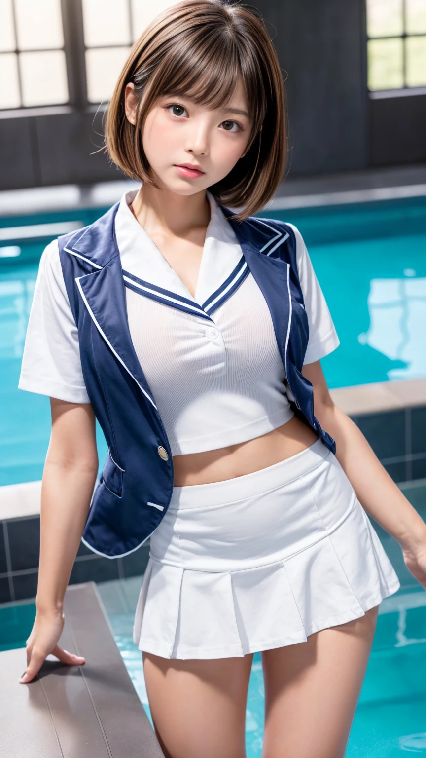 ((best quality、8K、masterpiece:1.3))、standing、sharp focus:1.2、(realistic、realistic:1.37)、laugh、woman with a beautiful face、28 years old、Pointed chest、long eyelashes、colored contact lenses、big 、feeble、Very fine particles、detailed eyebrows、(sharp eyebrows)、(thin eyebrows).very detailed face、(brunette messy hair:1.3、from below、detailed background(8K、masterpiece、best quality、raw photo、brunette messy hair:1.3、sailor suit、(japanese school swimming pool:1.3)、(blue sky:1.4)、(sun:1.4)、(shining smile:1.3)、(long skirt:1.2)、(bend one's knees and jump into the swimming pool:1.4)