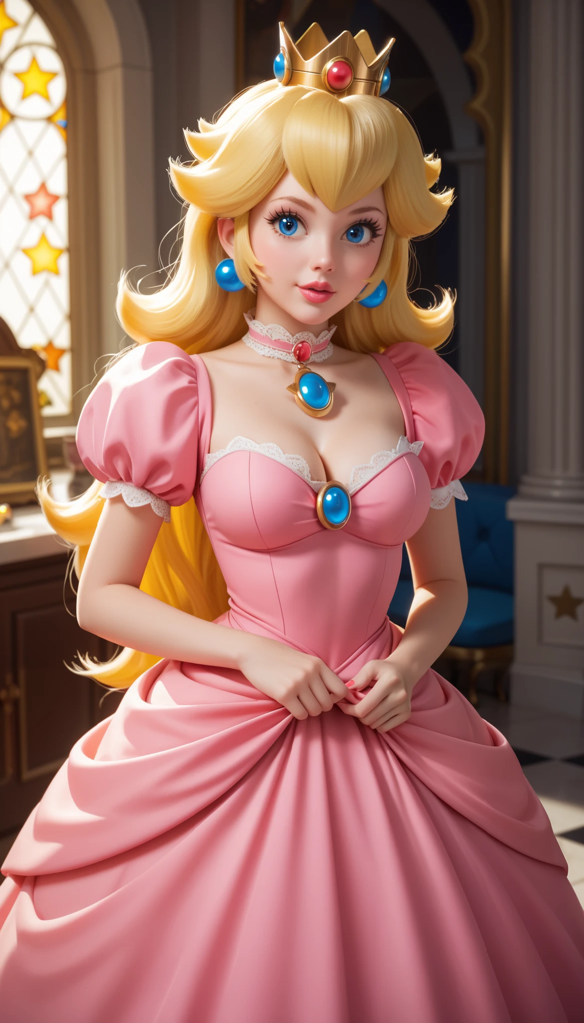 18 years old,  ((she is holding a luma (a star from mario universe)), MPPeach, 1girl, blonde hair, long hair, blue eyes, crown, dress, big boobs, cleavage, her pink dress, princess peach castle in the background, vivid colors