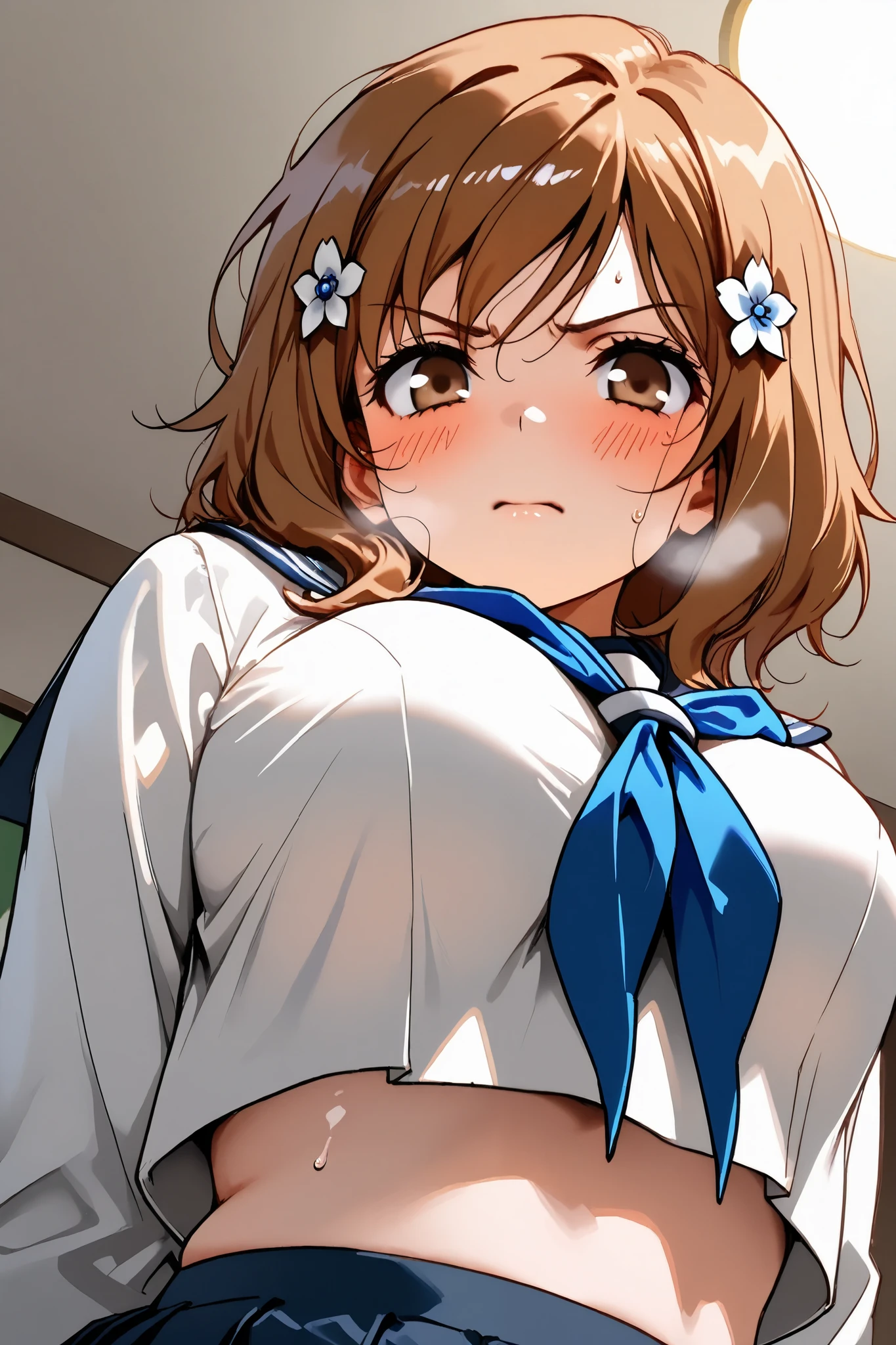 ohana_matsumae,1 female,solo,
short hair,brown hair,hair ornament,
brown eyes,flower,hair flower,
stupid hair,long hair,
pretty,large breast,nipple,
looking at viewer,I can see panties,
dutch angle,
blush,sweat,drool,white breath,
Incontinence,ecstasy,orgasm,climax,
feeling sexual pleasure,intense breathing,
Very angry,contempt,Discomfort,
tearful eyes,tearful face,
extreme close-up under the chest,
low angle,
sailor suits(1.3),school uniform,
neckerchief,blue neckerchief,long sleeve,
beautiful legs,thin thighs,thin calves,
nallow waist,
perfect face,beautiful skin,
anatomically correct,
masterpiece,highest quality,
high resolution,high definition,
ultra-detailed,anime,
indoors,on bed,bed room