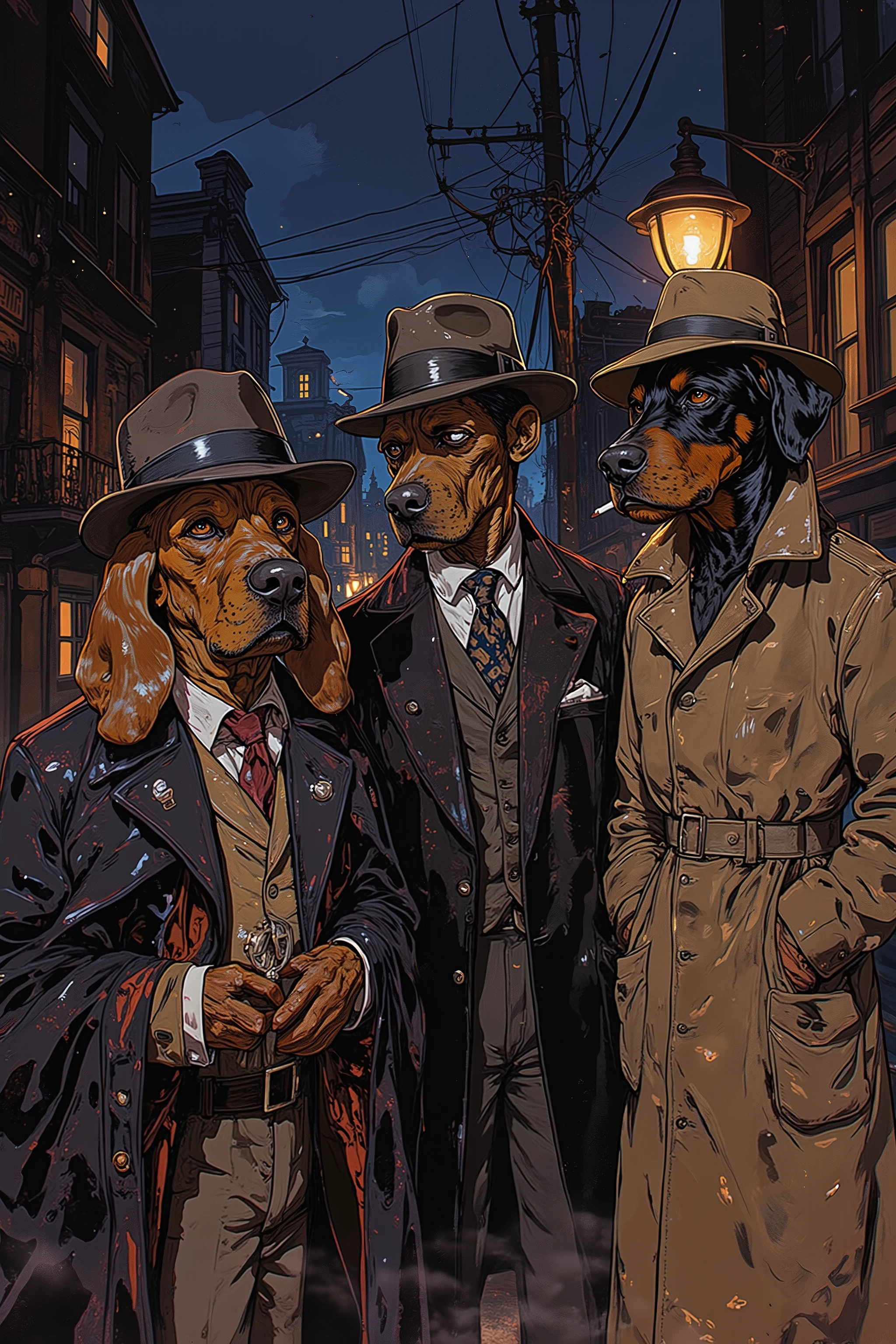 A high-resolution digital painting of **three anthropomorphic dog detectives**, each dressed in the iconic attire of legendary detectives. The first dog, a **regal and intelligent Bloodhound**, wears **Sherlock Holmes' signature deerstalker hat and an Inverness cape**, holding a magnifying glass in his paw with a keen, investigative expression. The second dog, a **suave and meticulous Belgian Malinois**, embodies **Hercule Poirot**, dressed in a **well-tailored three-piece suit with a pocket watch, a bowler hat, and a perfectly groomed mustache**, exuding confidence and precision. The third dog, a **tough and street-smart Doberman**, channels **Philip Marlowe**, wearing a **trench coat, fedora, and holding a cigarette between his teeth**, with a hardened yet thoughtful gaze. They stand together in a dimly lit noir-style alley, illuminated by a single streetlamp, casting long shadows. The atmosphere is **moody and cinematic**, with a touch of mystery, evoking the golden age of detective fiction. Created using **cinematic lighting, fine-textured fur details, subtle noir grain, deep shadows, atmospheric fog, vintage detective aesthetics, realistic expressions, and classic film-noir composition**, HD quality, natural look. 
