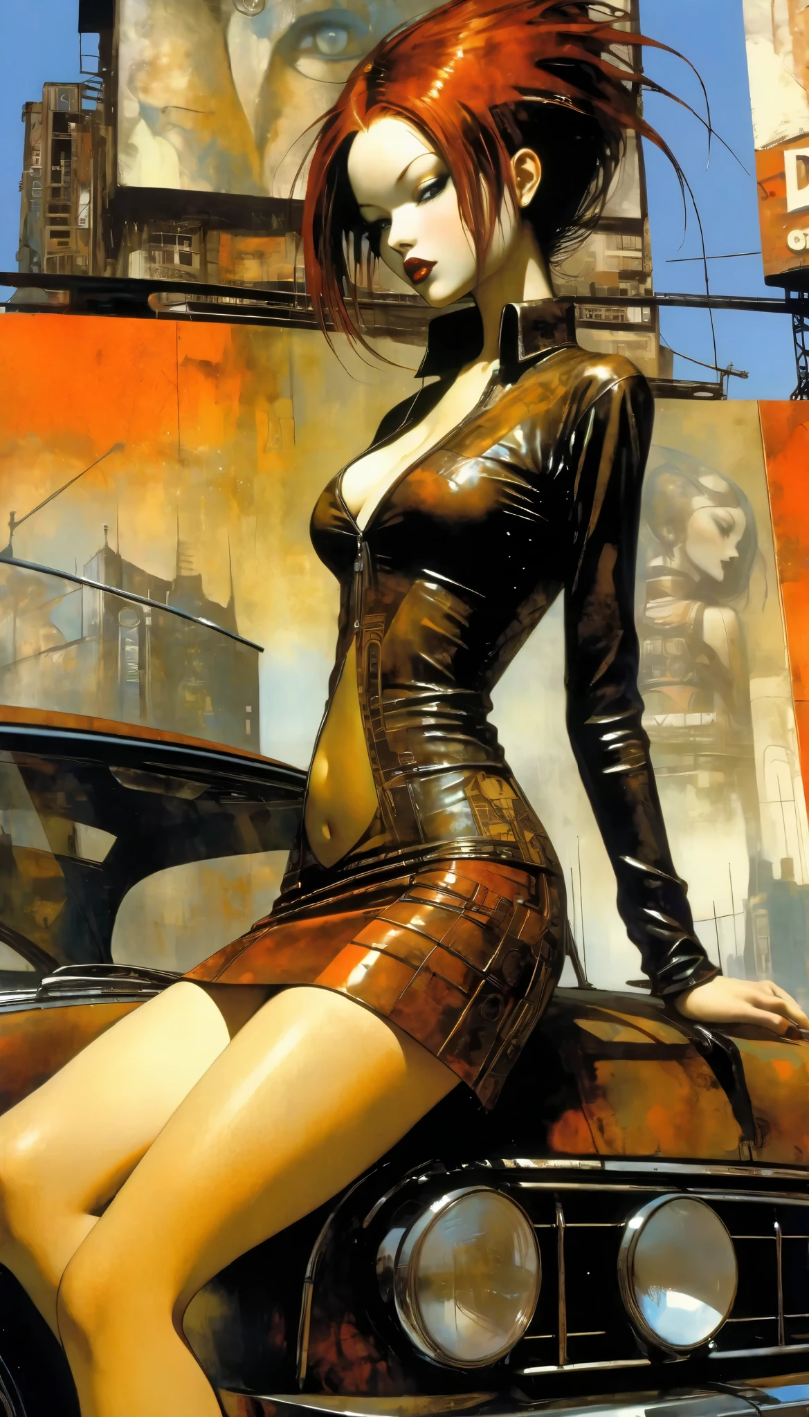 Future City Sexy Girl .1.5, Rust Metal City , Many details , car, building, Billboard, Leather Mini Skirt and Very Tight Longline Blouse, ( Art Inspired by Dave Mckean , Intricate Details , Oil Painting )