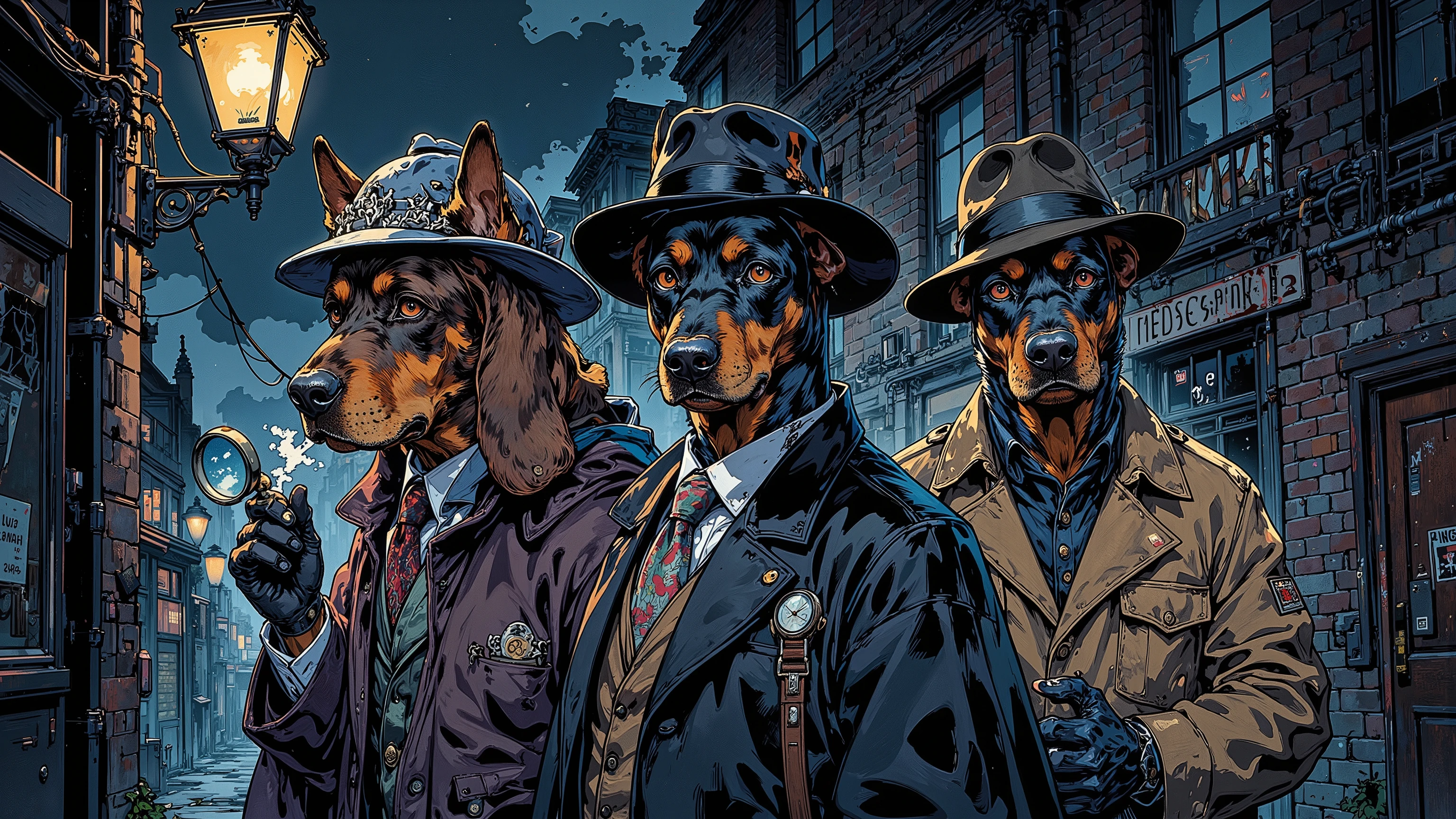 A high-resolution digital painting of **three anthropomorphic dog detectives**, each dressed in the iconic attire of legendary detectives. The first dog, a **regal and intelligent Bloodhound**, wears **Sherlock Holmes' signature deerstalker hat and an Inverness cape**, holding a magnifying glass in his paw with a keen, investigative expression. The second dog, a **suave and meticulous Belgian Malinois**, embodies **Hercule Poirot**, dressed in a **well-tailored three-piece suit with a pocket watch, a bowler hat, and a perfectly groomed mustache**, exuding confidence and precision. The third dog, a **tough and street-smart Doberman**, channels **Philip Marlowe**, wearing a **trench coat, fedora, and holding a cigarette between his teeth**, with a hardened yet thoughtful gaze. They stand together in a dimly lit noir-style alley, illuminated by a single streetlamp, casting long shadows. The atmosphere is **moody and cinematic**, with a touch of mystery, evoking the golden age of detective fiction. Created using **cinematic lighting, fine-textured fur details, subtle noir grain, deep shadows, atmospheric fog, vintage detective aesthetics, realistic expressions, and classic film-noir composition**, HD quality, natural look. 