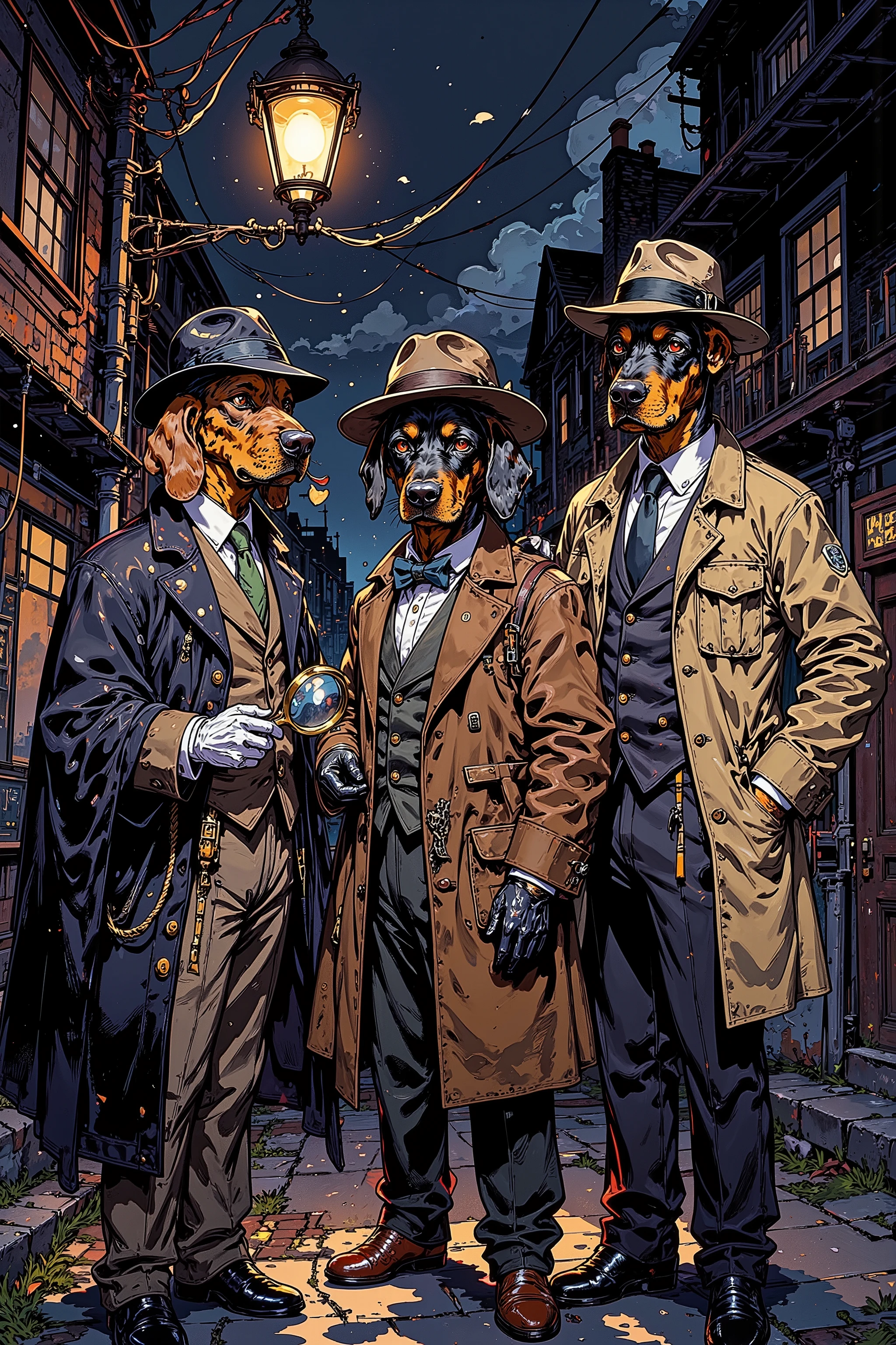 A high-resolution digital painting of **three anthropomorphic dog detectives**, each dressed in the iconic attire of legendary detectives. The first dog, a **regal and intelligent Bloodhound**, wears **Sherlock Holmes' signature deerstalker hat and an Inverness cape**, holding a magnifying glass in his paw with a keen, investigative expression. The second dog, a **suave and meticulous Belgian Malinois**, embodies **Hercule Poirot**, dressed in a **well-tailored three-piece suit with a pocket watch, a bowler hat, and a perfectly groomed mustache**, exuding confidence and precision. The third dog, a **tough and street-smart Doberman**, channels **Philip Marlowe**, wearing a **trench coat, fedora, and holding a cigarette between his teeth**, with a hardened yet thoughtful gaze. They stand together in a dimly lit noir-style alley, illuminated by a single streetlamp, casting long shadows. The atmosphere is **moody and cinematic**, with a touch of mystery, evoking the golden age of detective fiction. Created using **cinematic lighting, fine-textured fur details, subtle noir grain, deep shadows, atmospheric fog, vintage detective aesthetics, realistic expressions, and classic film-noir composition**, HD quality, natural look.