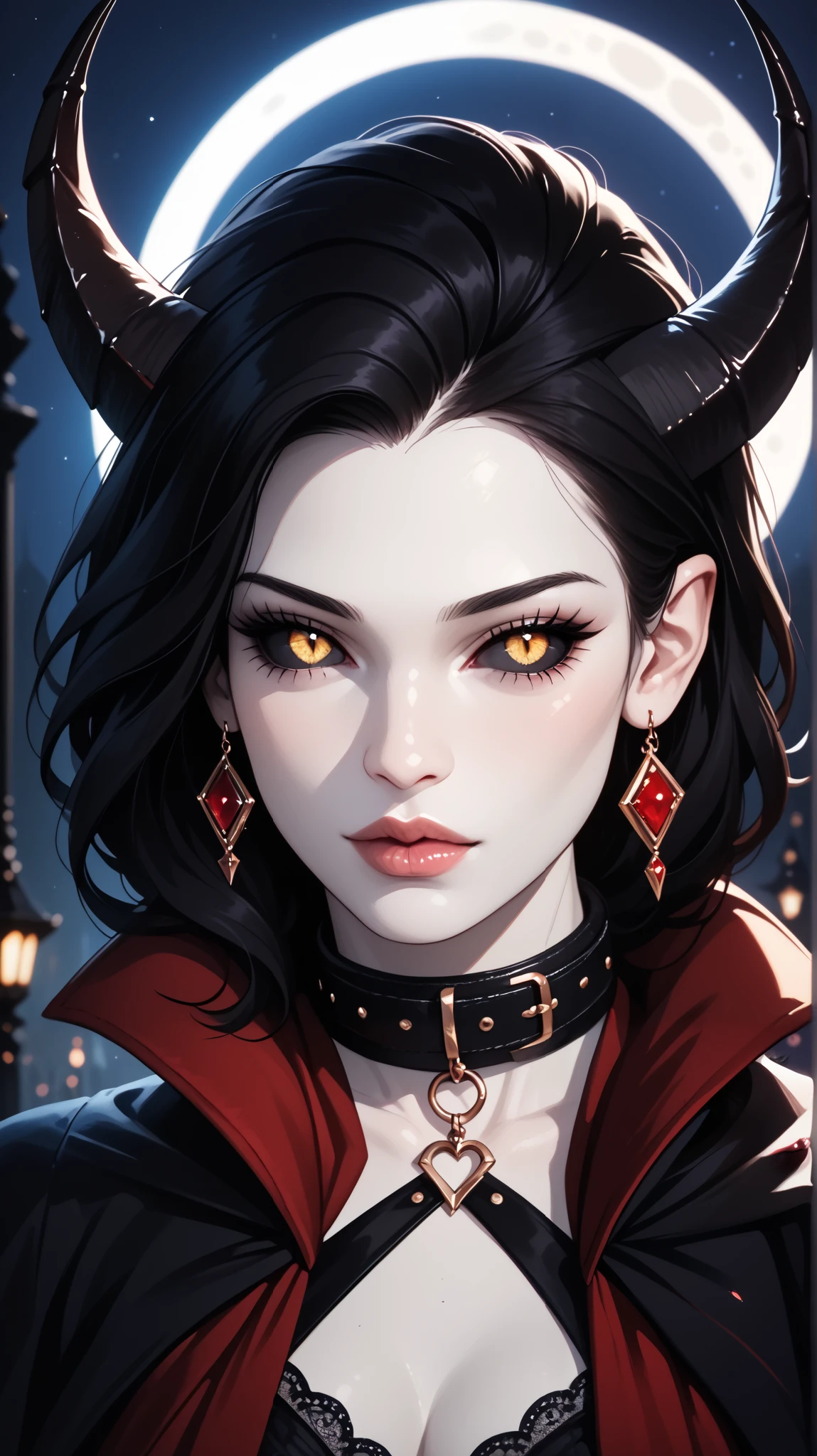 score_9, score_8_ upwards, score_7_ upwards, score_6_ upwards, score_5_ upwards, ((( beautiful , high quality))), looks towards , portrait, score_9, score_8_ upwards, score_7_ upwards, black sclera , slit p upwardsils, A tiefling, cunning, spider eyes , yellow eyes, white skin, Black hair, dark background , blurred background, Gothic, posing, at night, realistic natural light , big , mantle, beautiful detailed lips , long eyelashes , good anatomy, seductive look, big thick black horns, collar, demon tail, dark fantasy, moon, 8 k, photorealistic